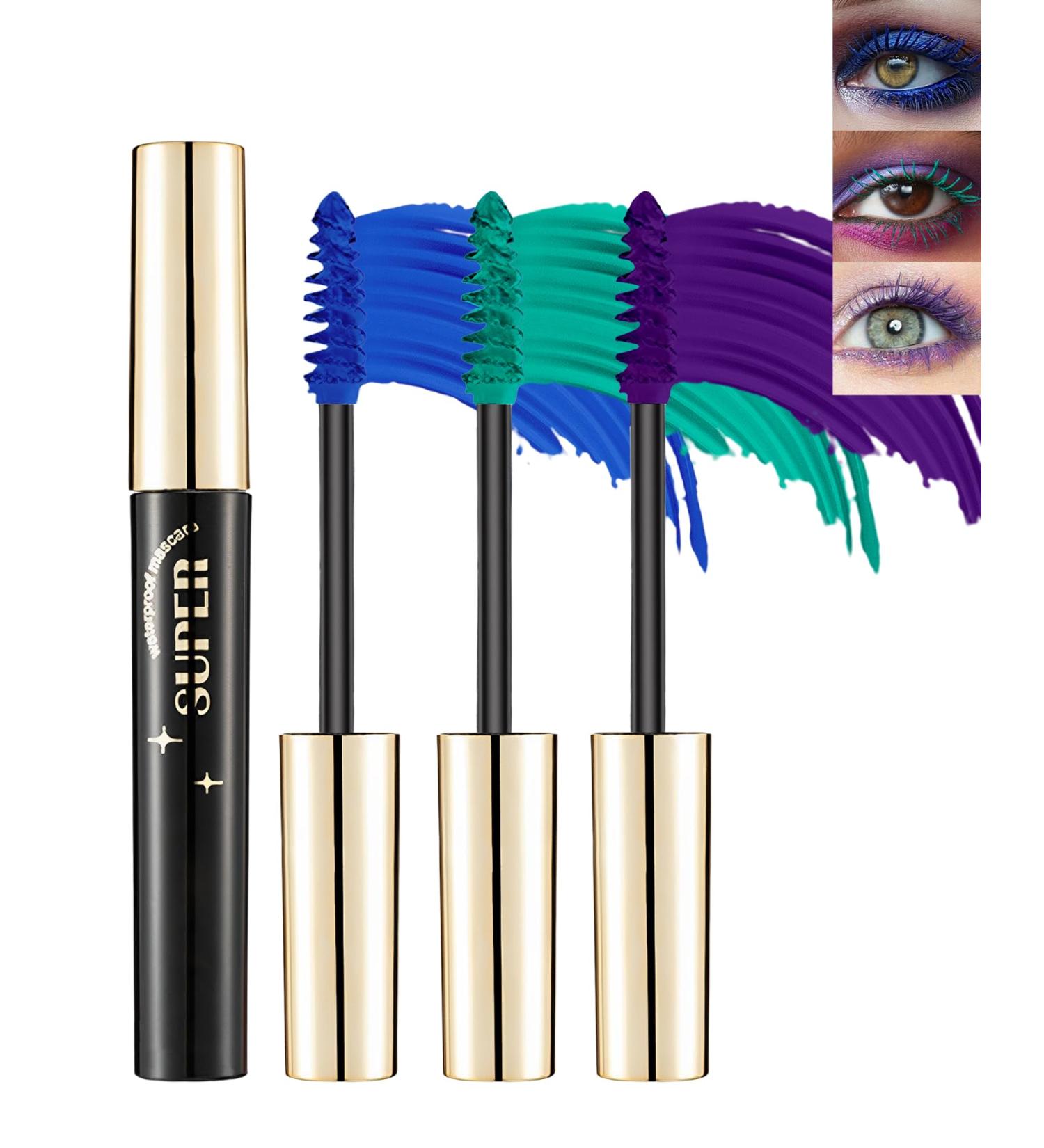 3 Colors Waterproof Mascara Set Blue Green Purple Colored Mascara for Eyelashes Long Lasting Curling Lash Mascara Volume and Length Highly Pigmented Colorful Mascara Eye Makeup for Cosplay Stage-B 02+03+08-blue Green Purple - Buy Online on GoSupps.com