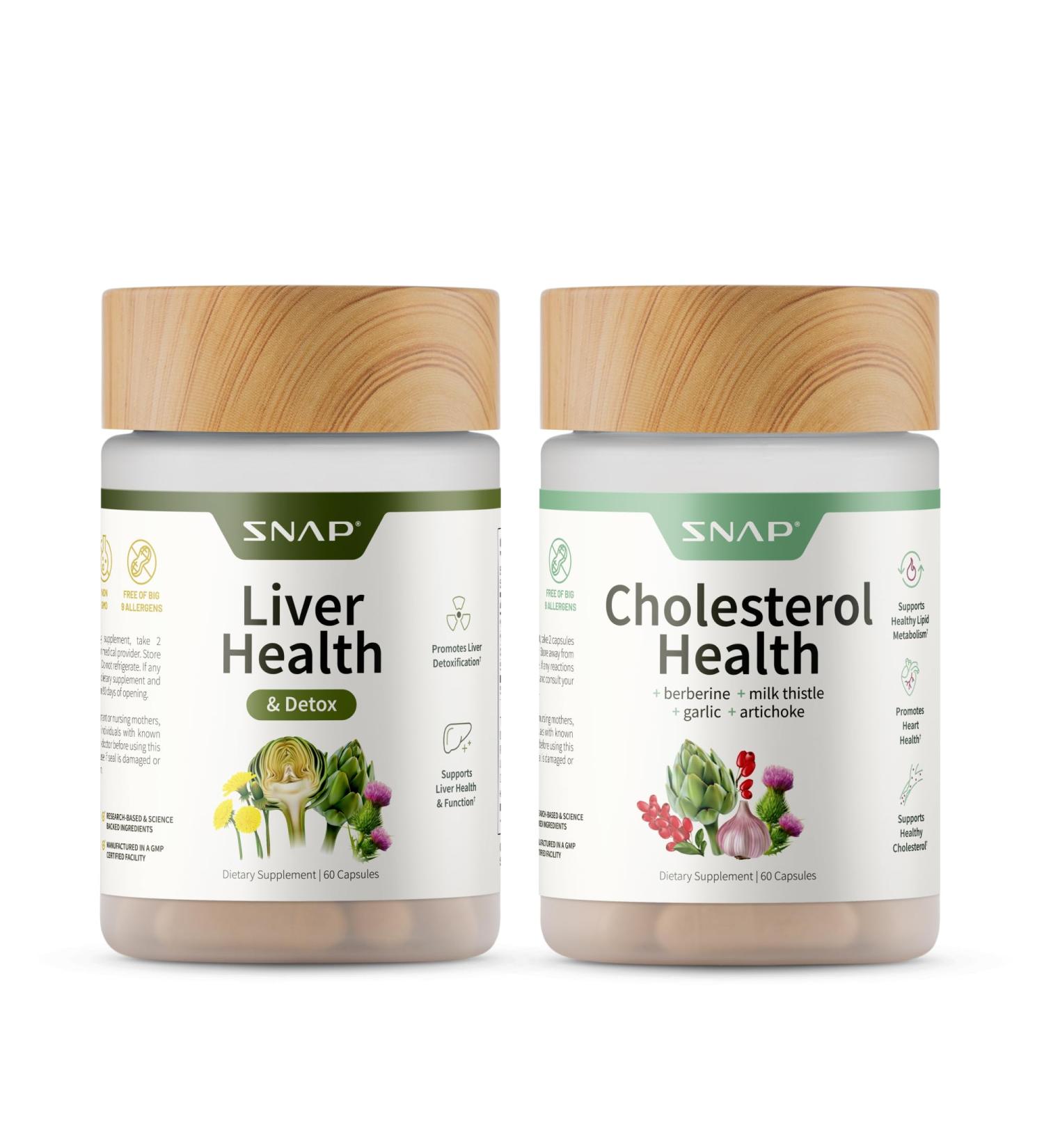 Snap Supplements Liver Health & Detox & Cholesterol Health Supplement Bundle Supports Heart, Liver, Digestive and Metabolic Health, 60 Vegetarian Capsules Each (2-Pack,1 Month Supply) Cholesterol + Liver Health - Buy Online on GoSupps.com