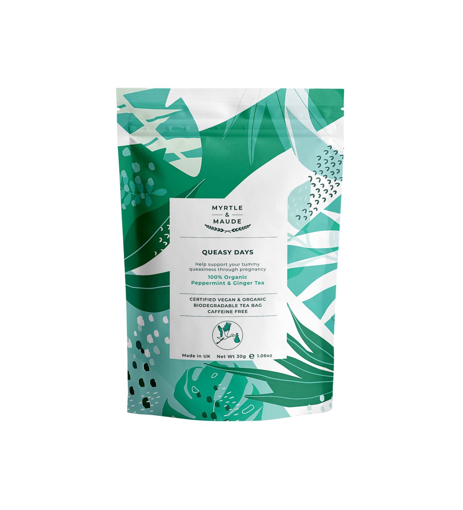 Myrtle & Maude Queasy Days Tea - Organic Peppermint & Ginger Tea for Nausea Relief - Vegan & Caffeine Free (15 Tea Bags) - Buy Online on GoSupps.com