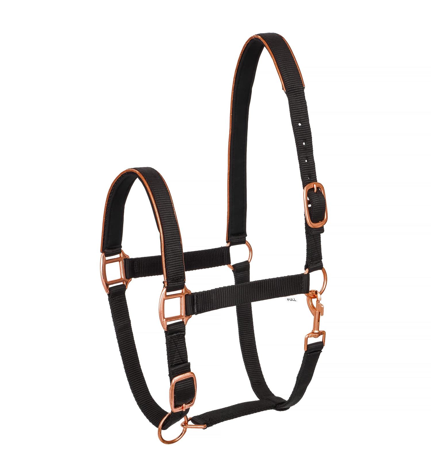 Premium Neoprene Halter for Horses - Adjustable Two-Stage Chin & Neck Piece - Durable Halter for Thoroughbred & Warmblood - Black/Rose Gold - Perfect for Pasture Use - Buy Online on GoSupps.com