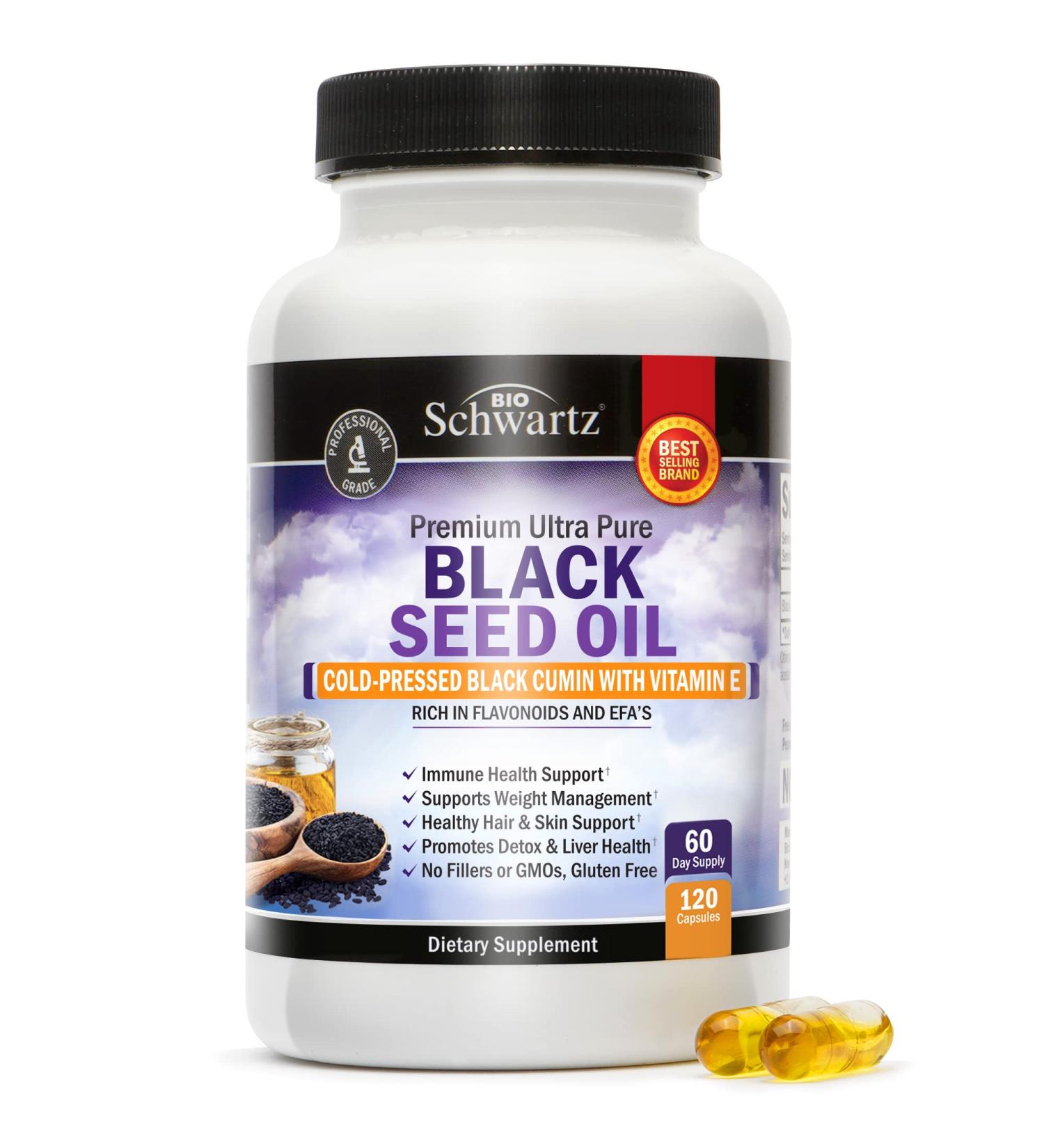 Black Seed Oil Softgel Capsules 1000mg - Liver Support Supplement with Vitamin E - Vegan Hair Skin Vitamins - Non-GMO, Gluten-Free - 120ct - Buy Online on GoSupps.com