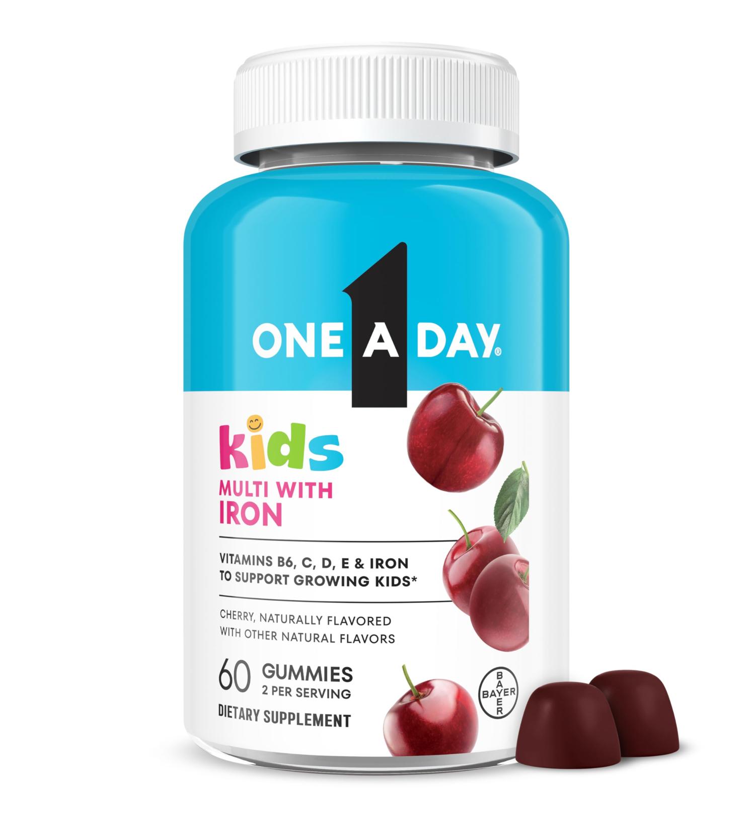 One A Day Kids Multivitamin with Iron Gummy Vitamin D Vitamin C E Zinc for Immune Support Gummy Vitamins Kids Multivitamin Gummies with Iron Cherry Flavor 60 Count (Packaging May Vary) - Buy Online on GoSupps.com