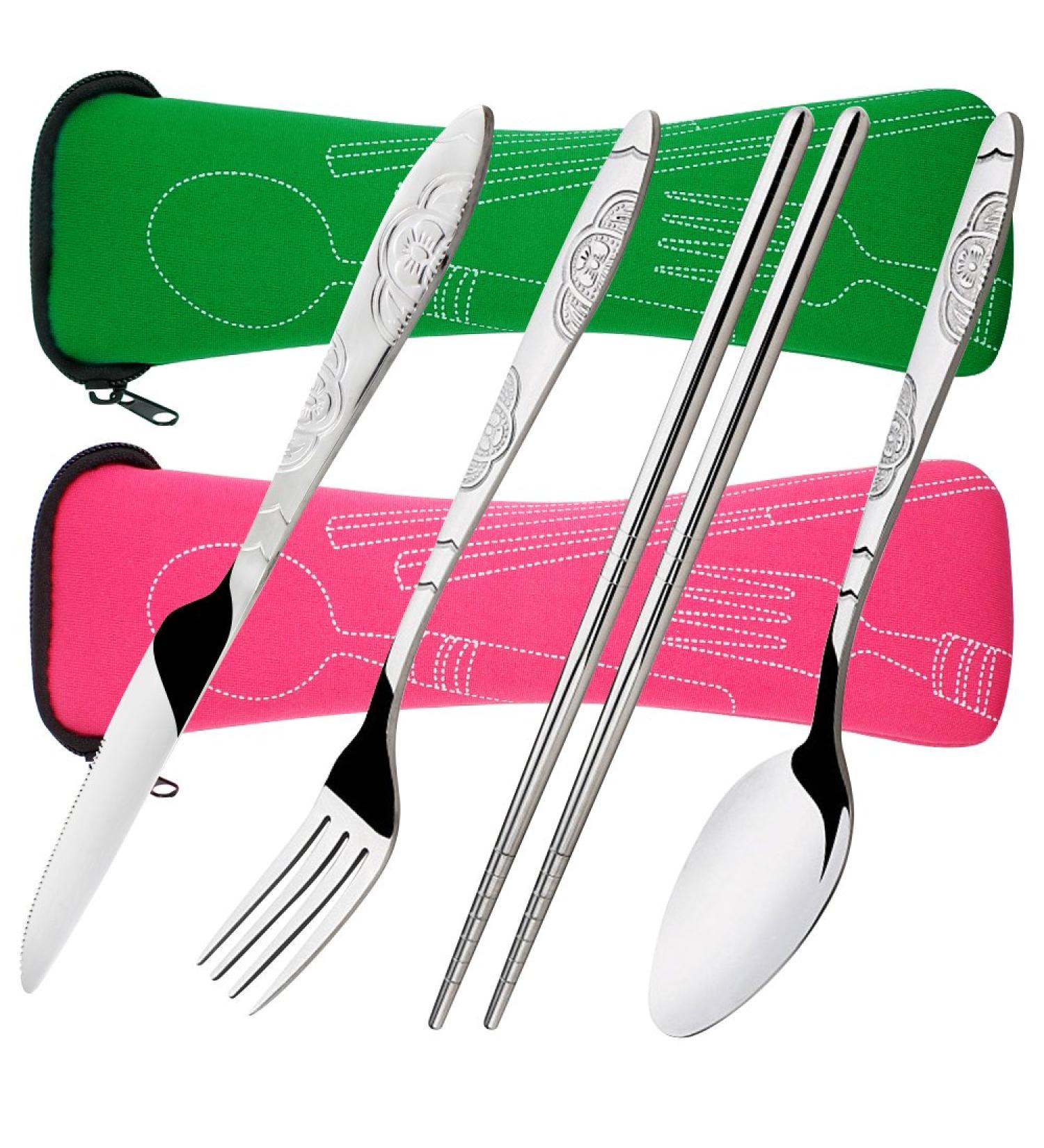 SENHAI 8-Piece Flatware Sets - Stainless Steel Tableware with Carrying Case for Travel, Camping, Picnic - Knife, Fork, Spoon, Chopsticks (Green Pink) - Buy Online on GoSupps.com