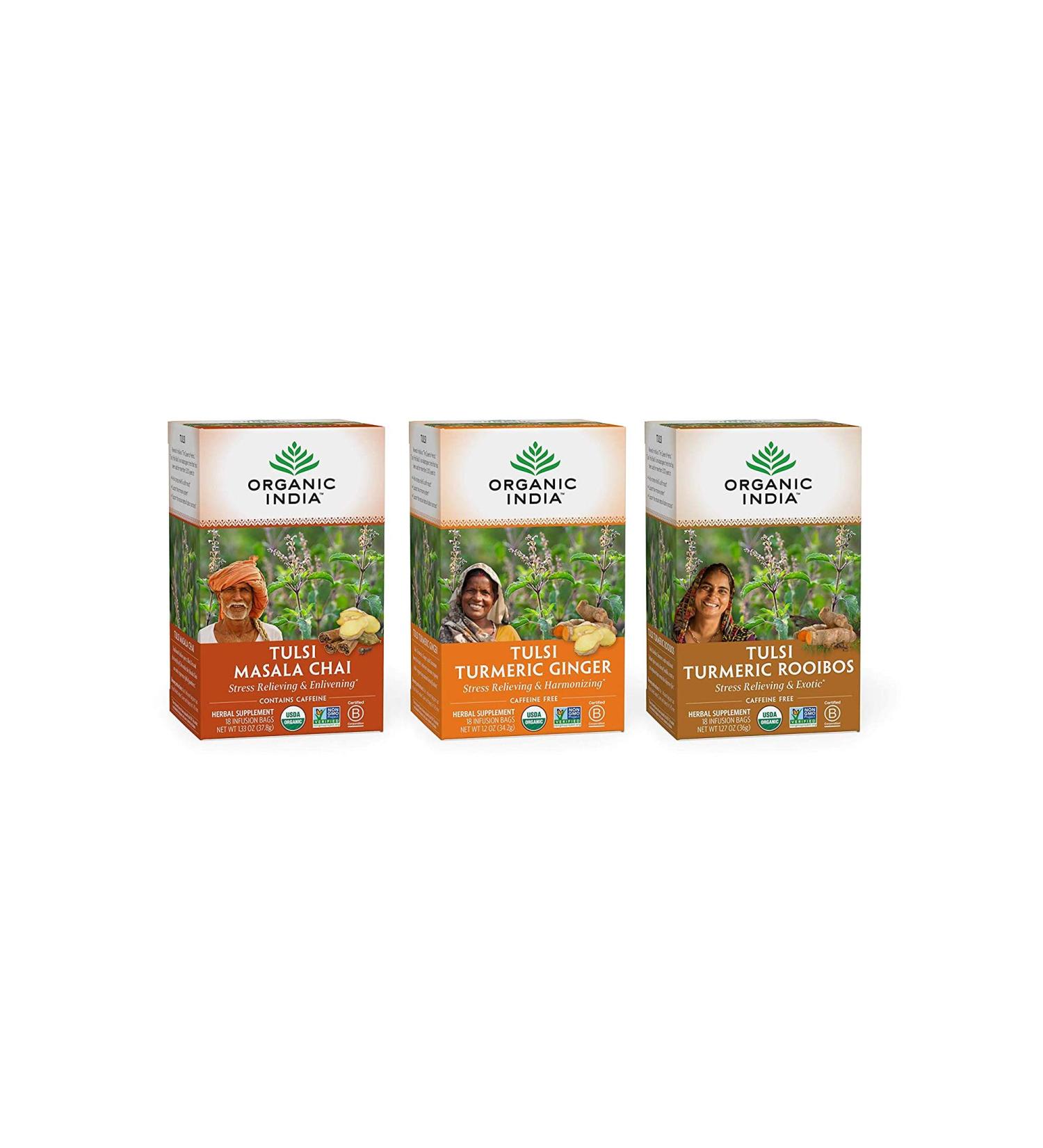 Organic India Spiced Tulsi Herbal Tea Favorites - Masala Chai, Turmeric Ginger, Turmeric Rooibos - 18 Infusion Bags x 3 | USDA Certified Organic, Non-GMO, Vegan, Gluten-Free - Buy Online on GoSupps.com