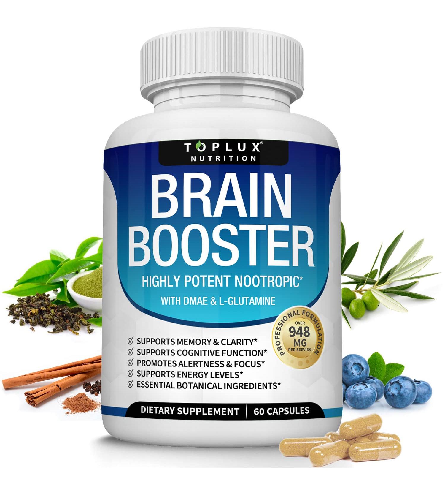 Toplux Brain Supplement Nootropic Brain Pills Vitamin with DMAE Bacopa Monnieri L-Gutamine for Men Women 60 Capsules Nutrition One - Buy Online on GoSupps.com