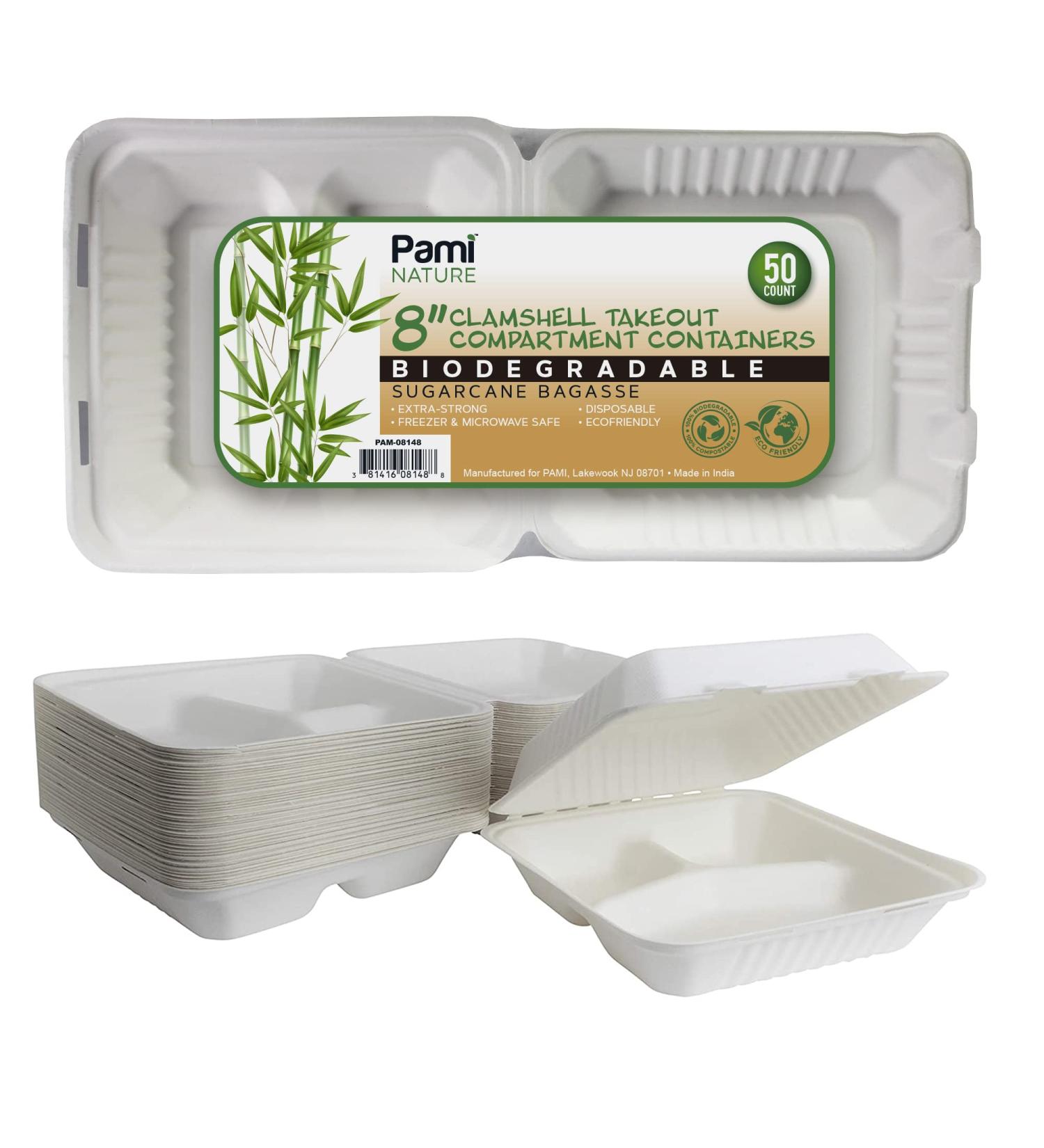 PAMI Sugarcane 3 Compartment Clamshell Containers 50 Pack- Eco-Friendly Biodegradable Food Boxes- Compostable To-Go Containers - Buy Online on GoSupps.com