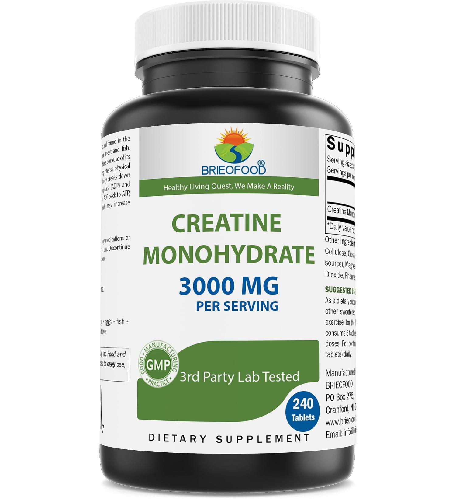 Brieofood Creatine Pills 3000 mg per Serving - 240 Tablets - 3rd Party Lab Tested for Purity & Quality - Helps Improve Athletic Performance