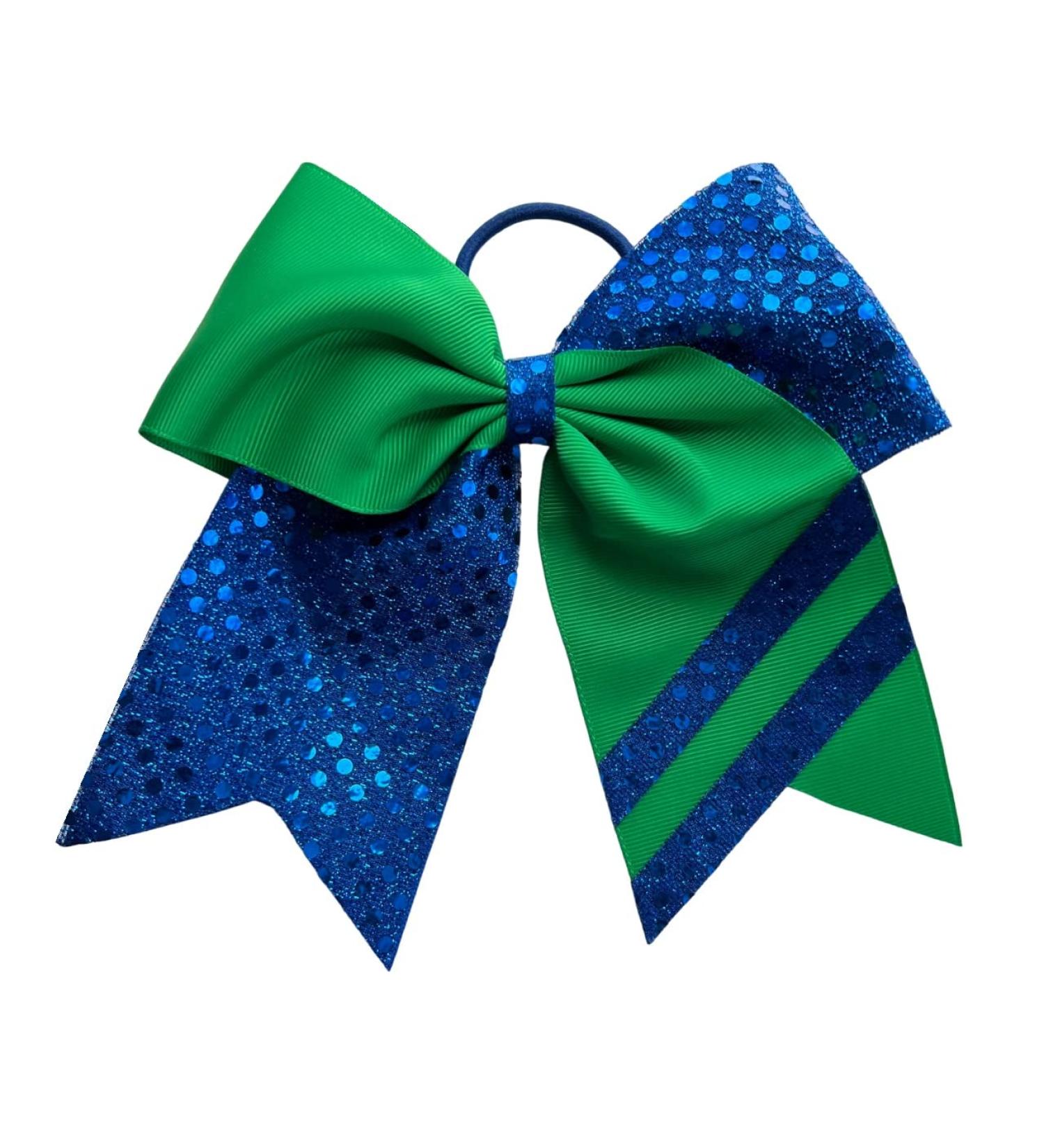New "CONFETTI STRIPES Royal Blue Green" Cheer Bow Pony Tail 7 Inch Girls Hair Bows Cheerleading Dance Practice Football Games Competition Birthday Tick Tock Grosgrain Ribbon