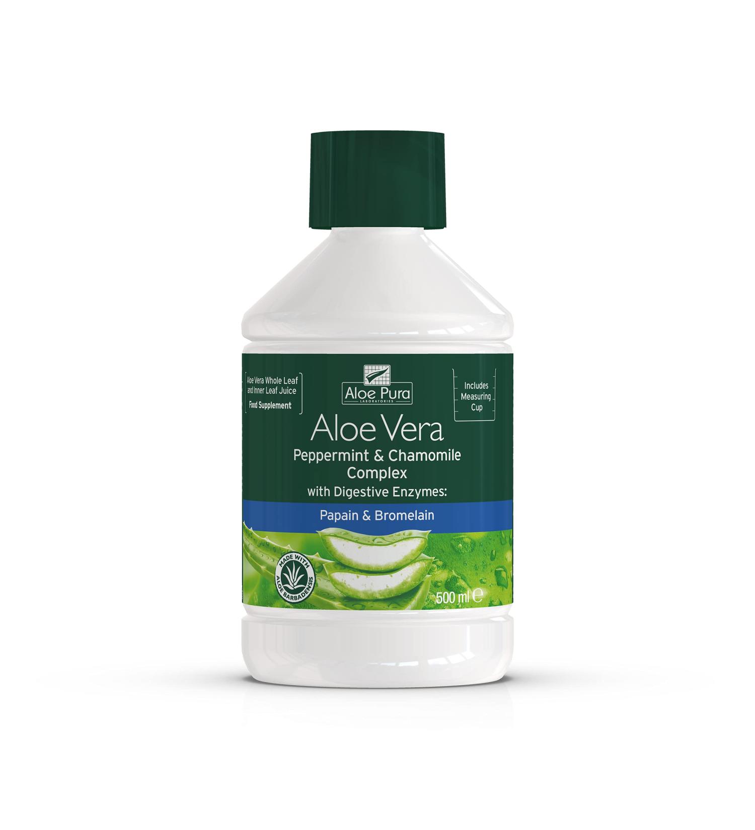 Aloe Pura Aloe Vera Peppermint & Chamomile Juice 500ml - Vegan Digestive Enzymes Supplement - Buy Online on GoSupps.com