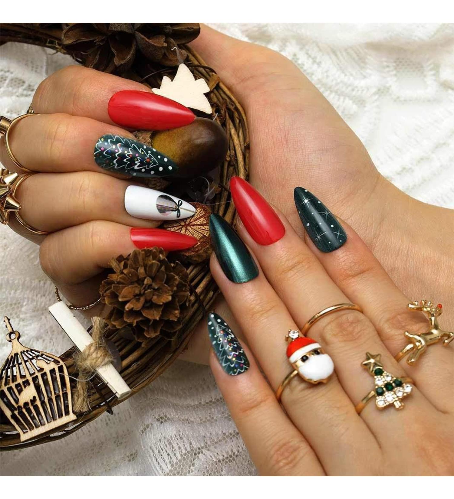 Brishow Christmas Artificial Nails - Elk & Snowflake Ballerina Acrylic Press-On Nails | 24 Full Cover Nail Set for Women & Girls - Buy Online on GoSupps.com