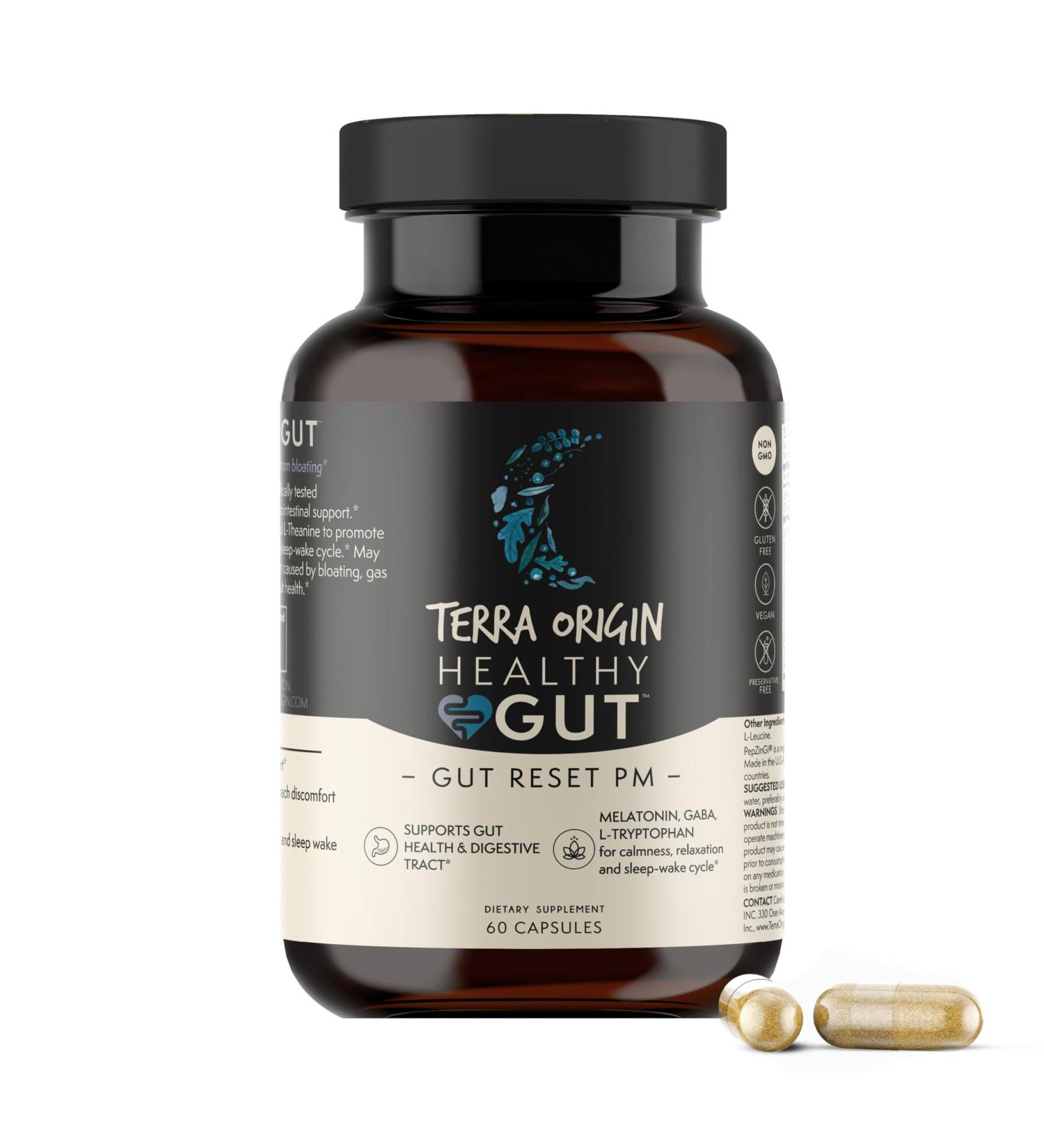 TERRA ORIGIN Healthy Gut Reset PM | 60 Veggie Capsules | Natural Sleep Aid Supplement for Sleep & Wake Cycles | GABA L-Theanine Melatonin L-Glutamine Licorice Root Slippery Elm Root - Buy Online on GoSupps.com