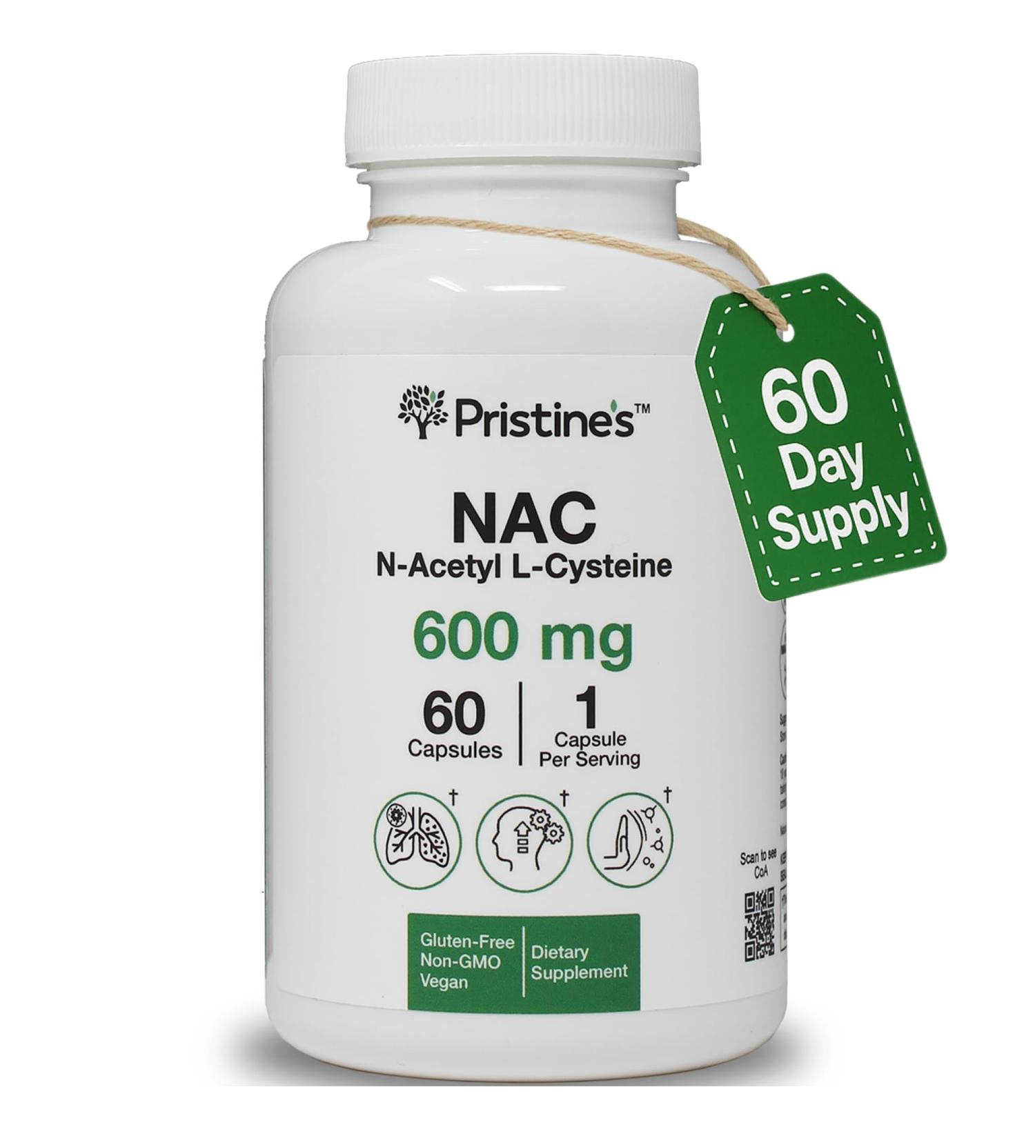 PRISTINE'S N-Acetyl L-Cysteine (NAC) Immunity Lung & Liver Support Supplement Capsules - 600MG 60 Day Supply - Potent Antioxidant - Vegan Gluten Free Non GMO - Buy Online on GoSupps.com