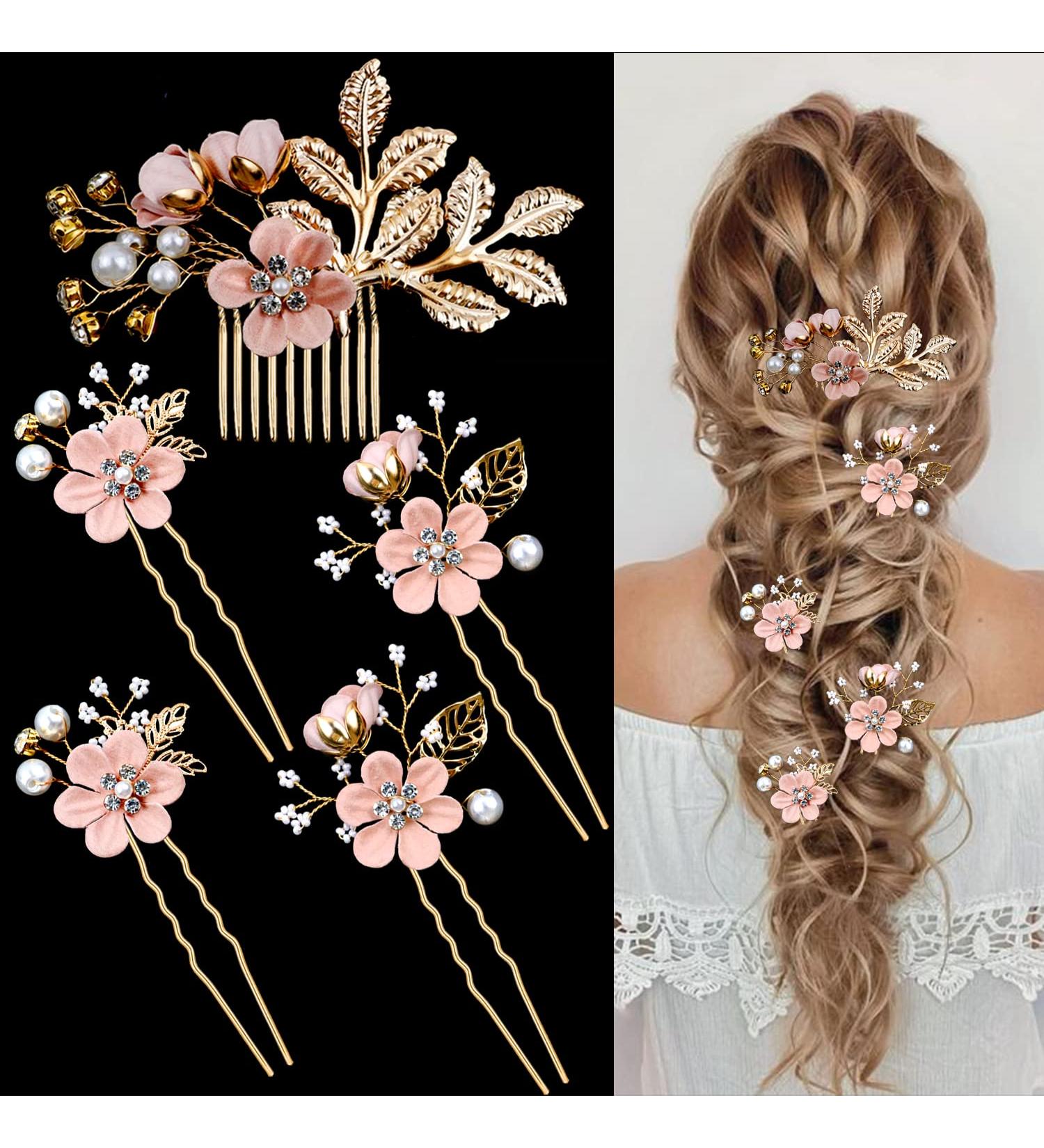 Bridal Flower Wedding Hair Pins - Crystal Pearl Clips Headpiece for Brides - Cherry Blossoms Pink - Set of 5 - Buy Online on GoSupps.com