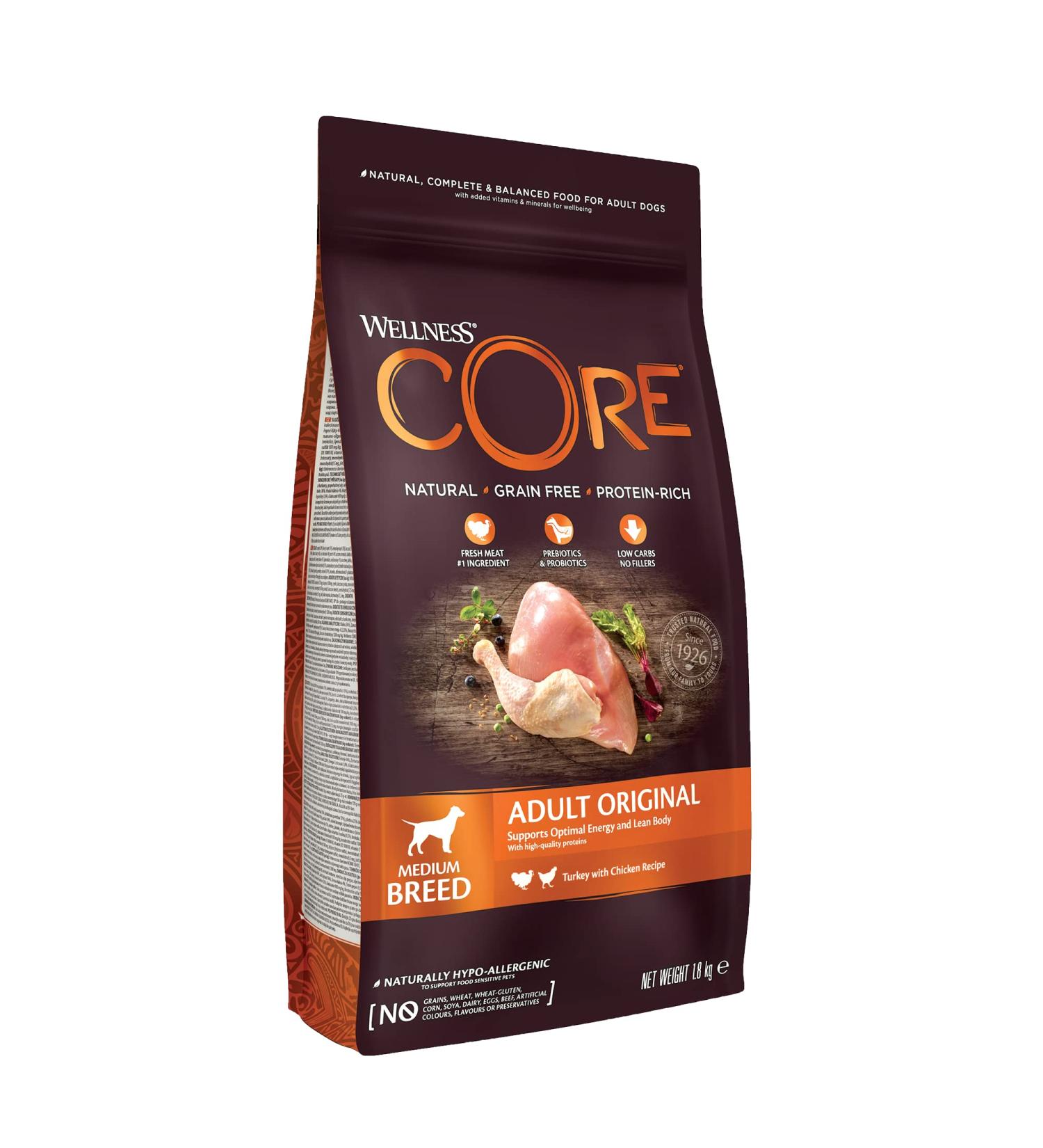 Wellness Core Original Natural and Grain-Free Dry Dog Food for Medium Dogs Turkey/Chicken 1.8 kg - Buy Online on GoSupps.com