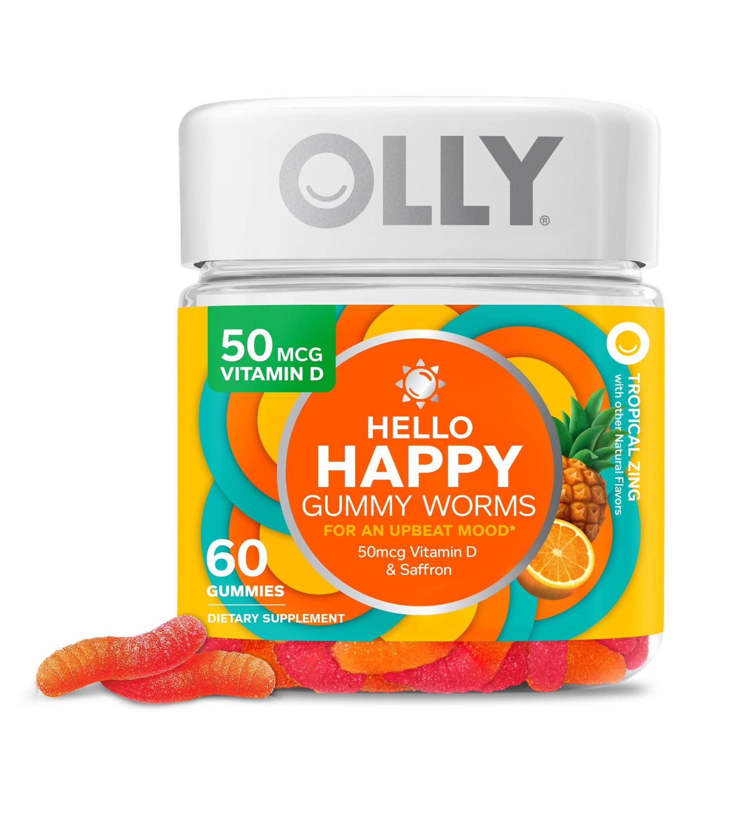 OLLY Hello Happy Gummy Worms - Mood Balance Support with Vitamin D & Saffron - 60 Count - Buy Online on GoSupps.com