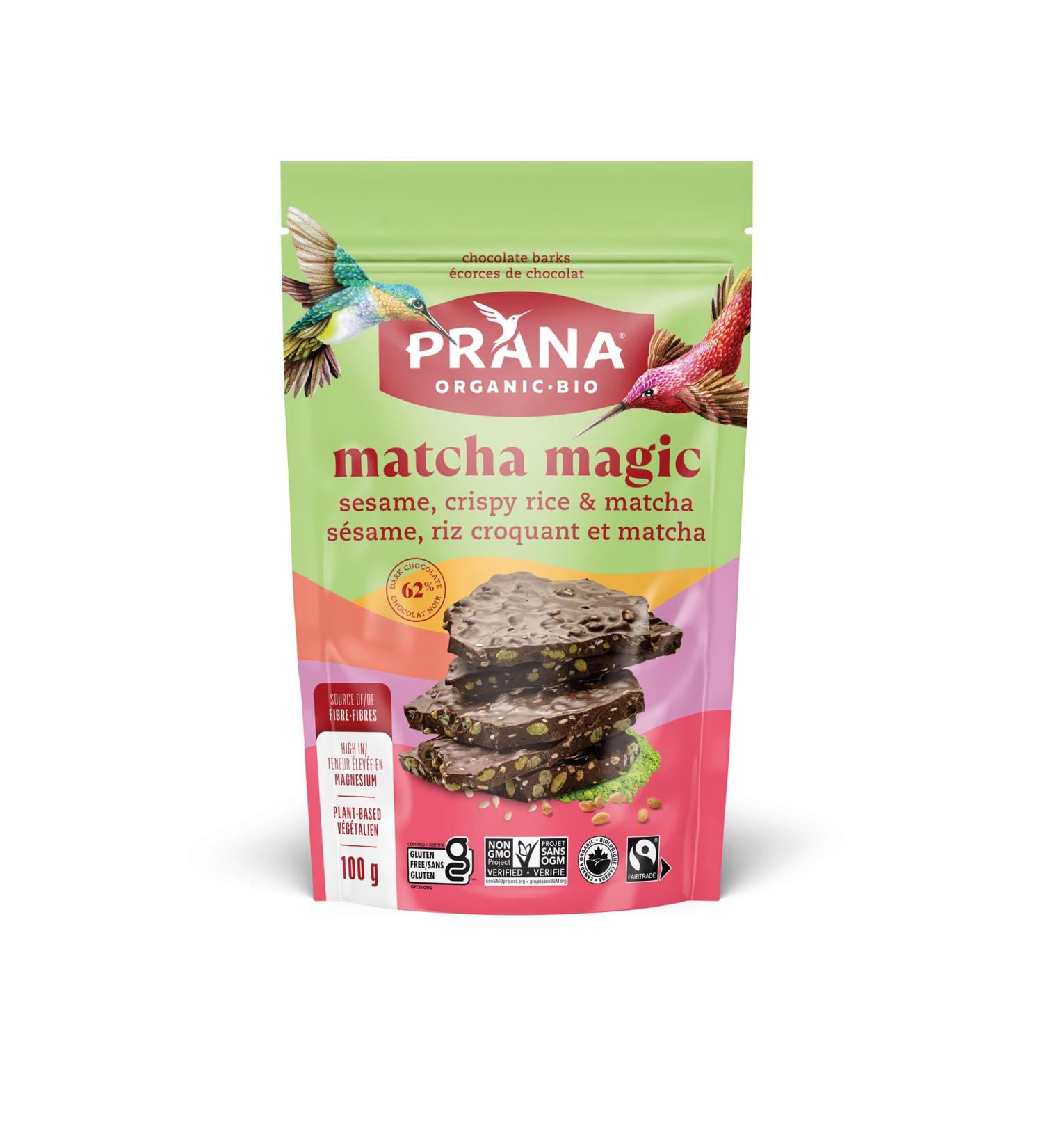 Prana Organic Matcha Magic - 62%Chocolate Bark Roasted Sesame Seeds Crispy Pice & Matcha Tea - Fair trade Vegan Snacks Non-GMO 100g - Buy Online on GoSupps.com