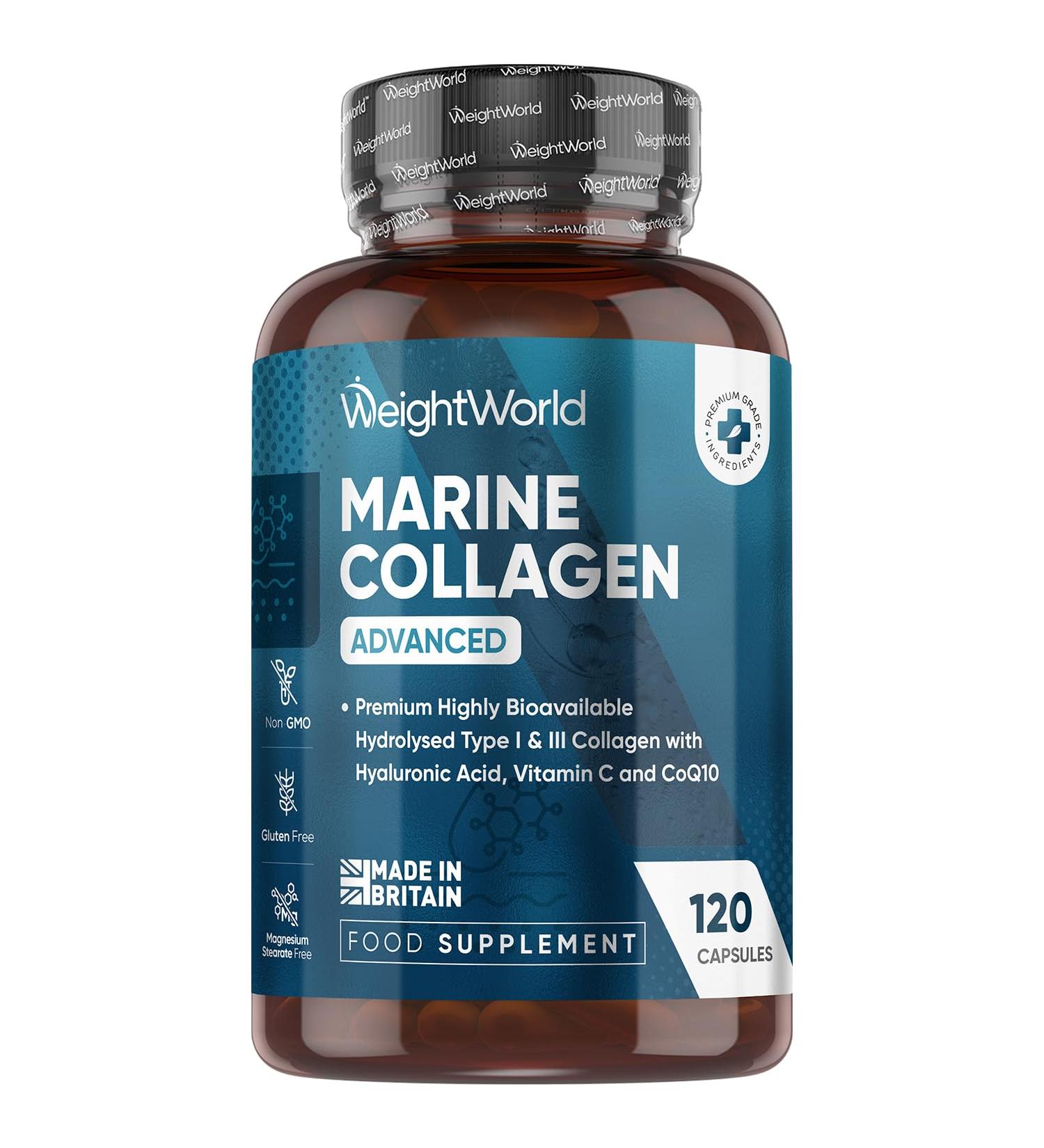 Marine Collagen Advanced Capsules 1455mg - 120 Capsules - Type 1 & 3 Collagen Supplements for Women & Men - Hydrolysed Fish Peptides Complex with Hyaluronic Acid Vitamin C Zinc & CoQ10 - Buy Online on GoSupps.com