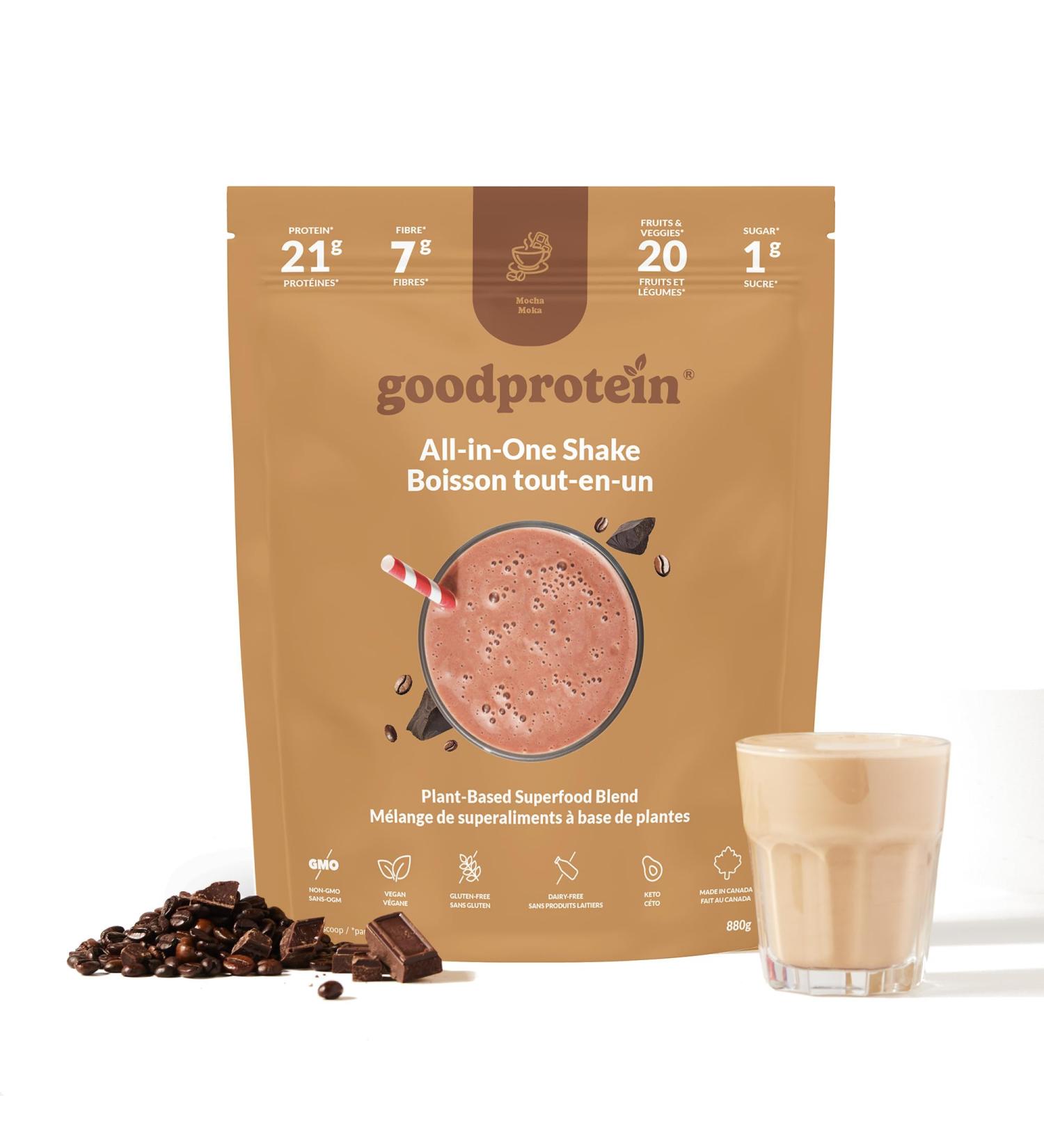 Good Protein Vegan Plant-based Protein Powder 100% Natural Non-GMO Dairy-free Gluten-free Soy-free No Added Sugar and Nothing Artificial. Mocha All-in-One Shake 880 grams Mocha 880 g - Buy Online on GoSupps.com