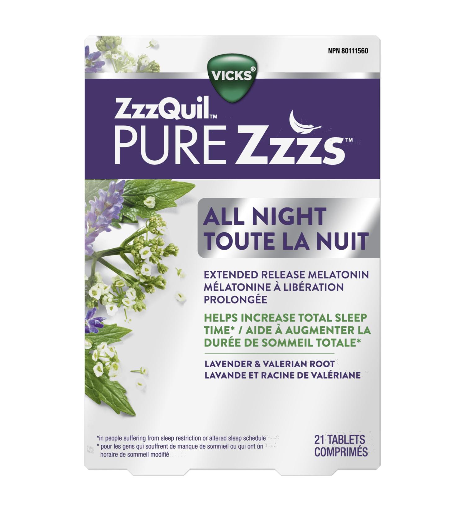 Vicks ZzzQuil PURE Zzzs All Night Extended Release Melatonin Sleep Aid Tablets for Adults 2 mg Per Tablet 21 count Chamomile Lemon - Buy Online on GoSupps.com