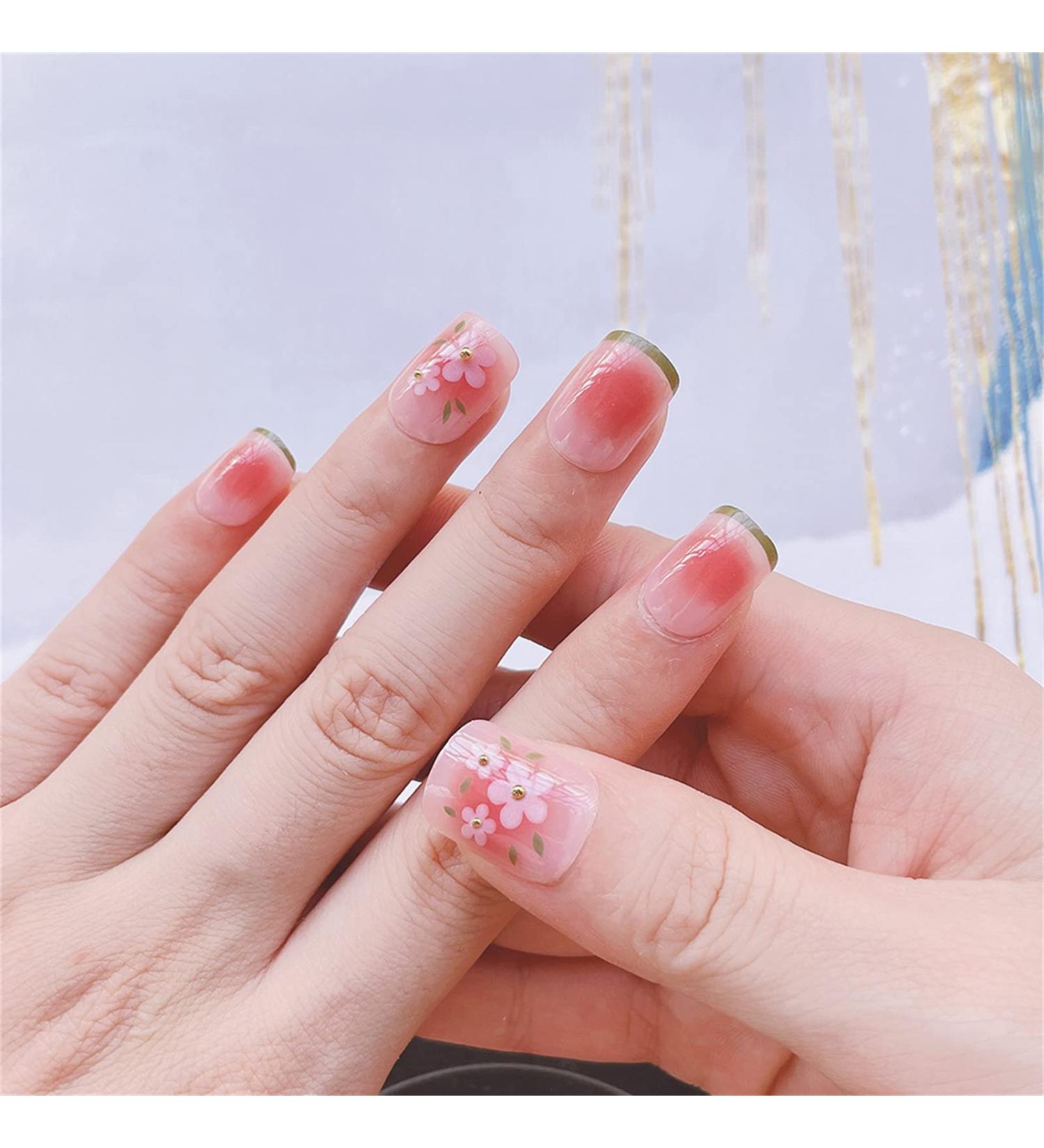 Square Fake Nails Short Full Cover Glue Included French Cherry Blossoms Press on Nails 24 Pieces Nail Art Tips for Nail Salons and Women DIY Nail Art - Buy Online on GoSupps.com