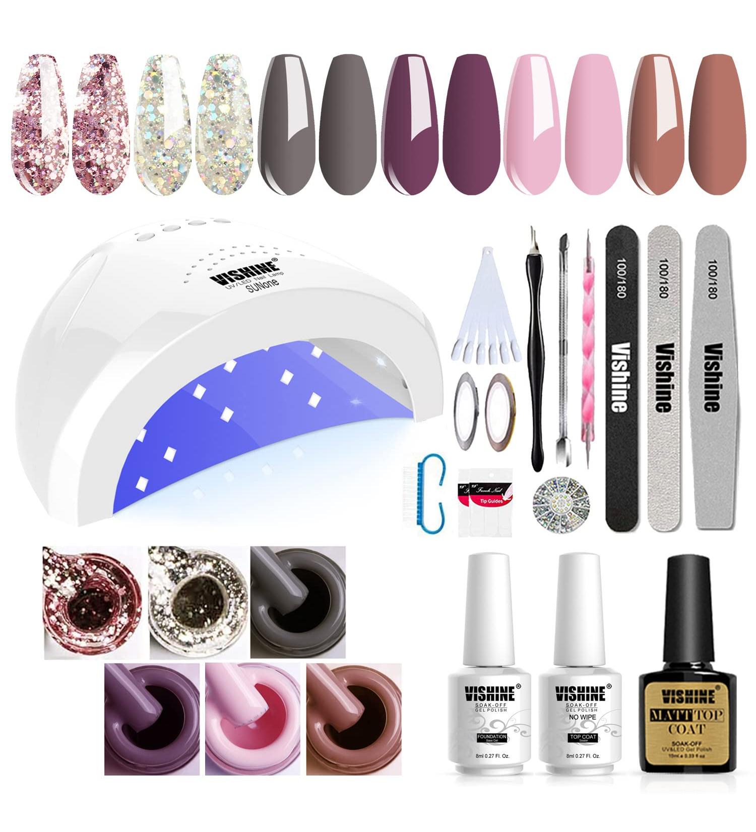 Vishine Gel Nail Polish Starter Kit - 48W LED Lamp, 6 Colors, Base & Top Coat Set - Nail Art Designs Manicure Tools - #05 Kit - Buy Online on GoSupps.com