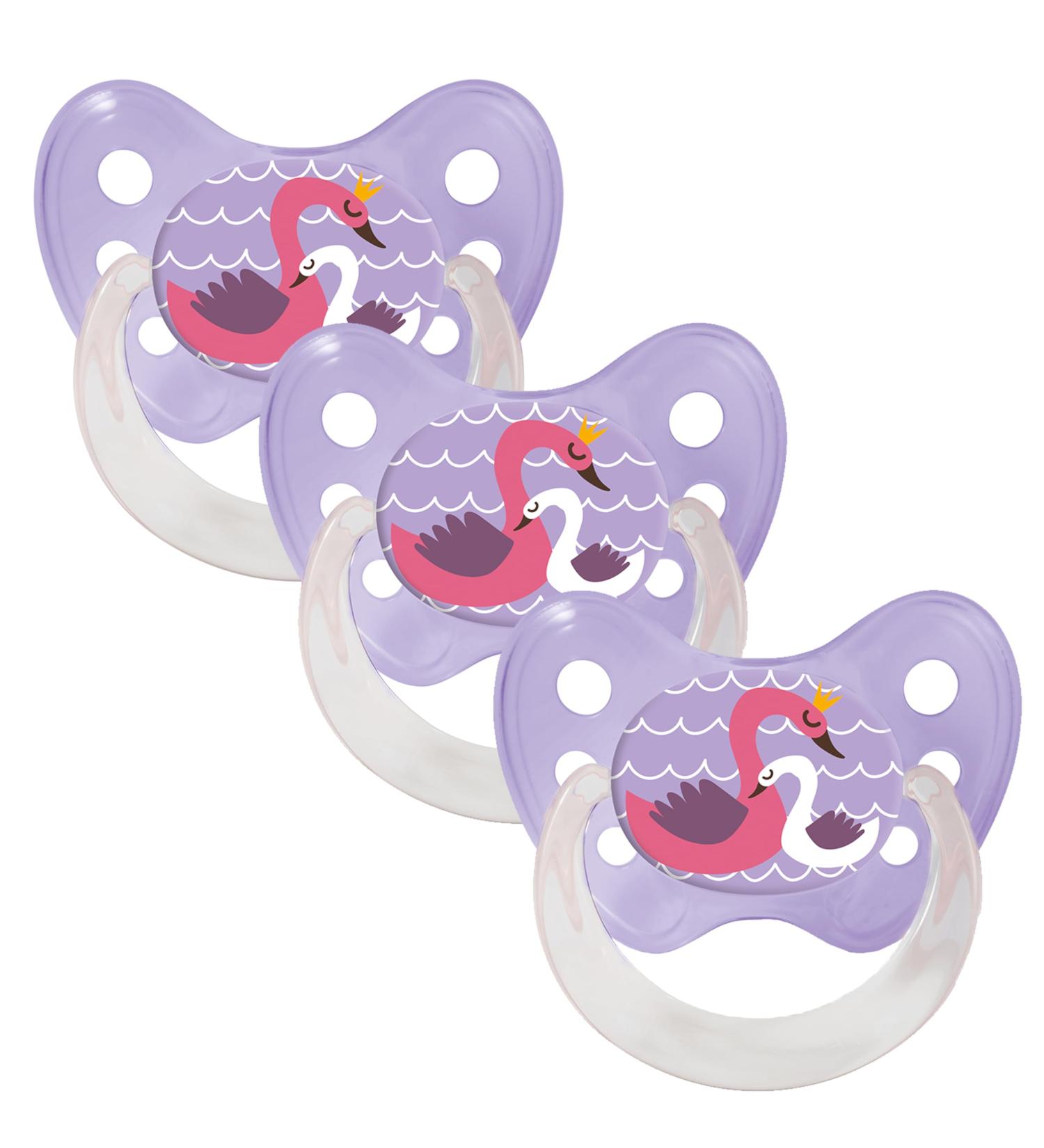 Dentistar Silikon Schnuller 3-Set | Size 1 (0-6 Months) | Tooth & Jaw-Friendly BPA-Free Pacifiers | Made in Germany | Swan & Purple Design - Buy Online on GoSupps.com
