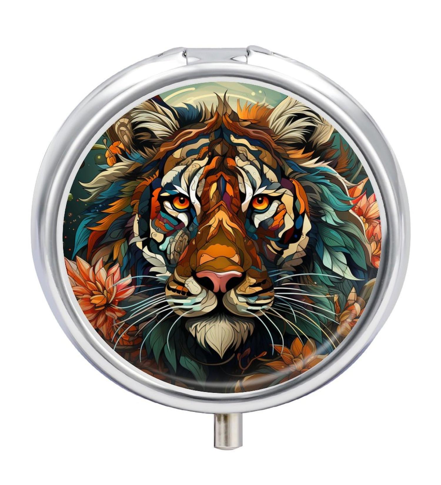 Small Travel Pill Case Round Metal Pill Box for Pocket Purse 3 Compartment Portable Pill Holder Mini Pill Organizer for Travel or Daily - Tiger - Buy Online on GoSupps.com