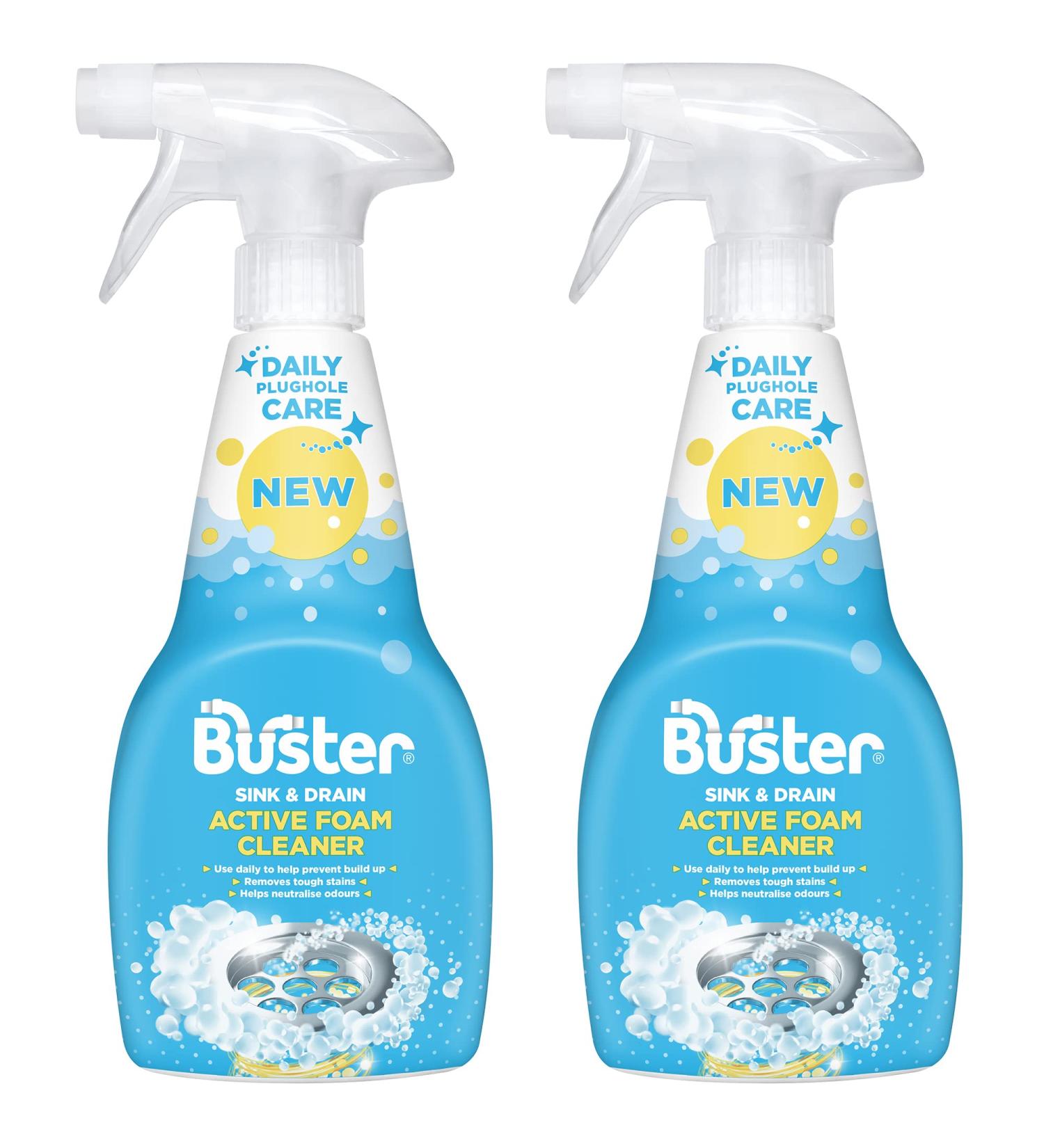 Buster Active Foam Sink & Drain Cleaner 500ml x 2 - Sink Cleaner to Remove Limescale & Stains - Daily Plughole Foam Cleaner & Odour Eliminator Foam Cleaner for Sinks Showers Drains and Plugs - Buy Online on GoSupps.com