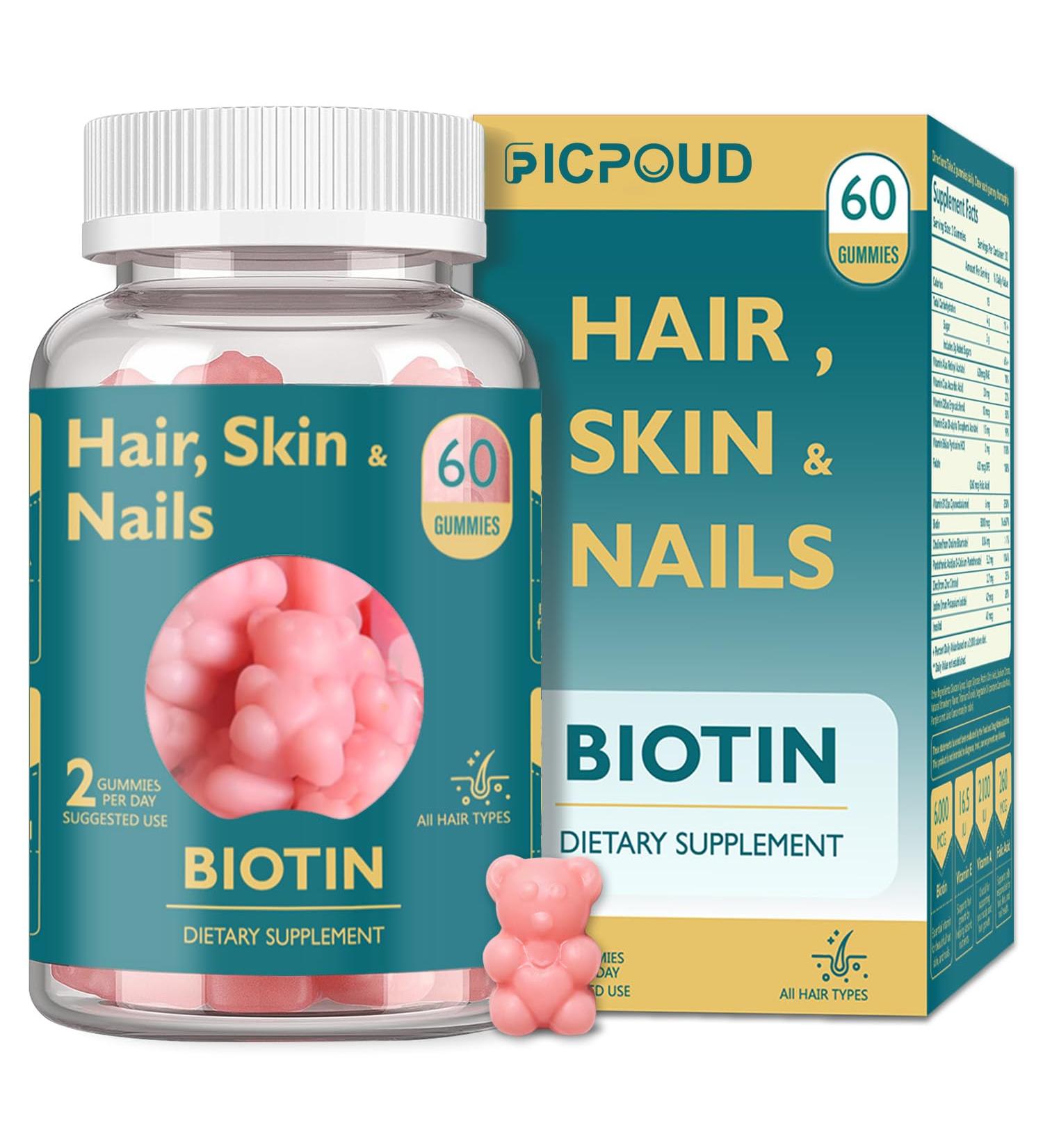 Ficpoud Hair Skin and Nails Biotin Gummies, Supports Healthy Hair, Skin & Nails, Vegan Vitamins for Women & Men, Supports Hair Growth and Stronger Nails, Healthy Skin, 30 Day Supply - Buy Online on GoSupps.com