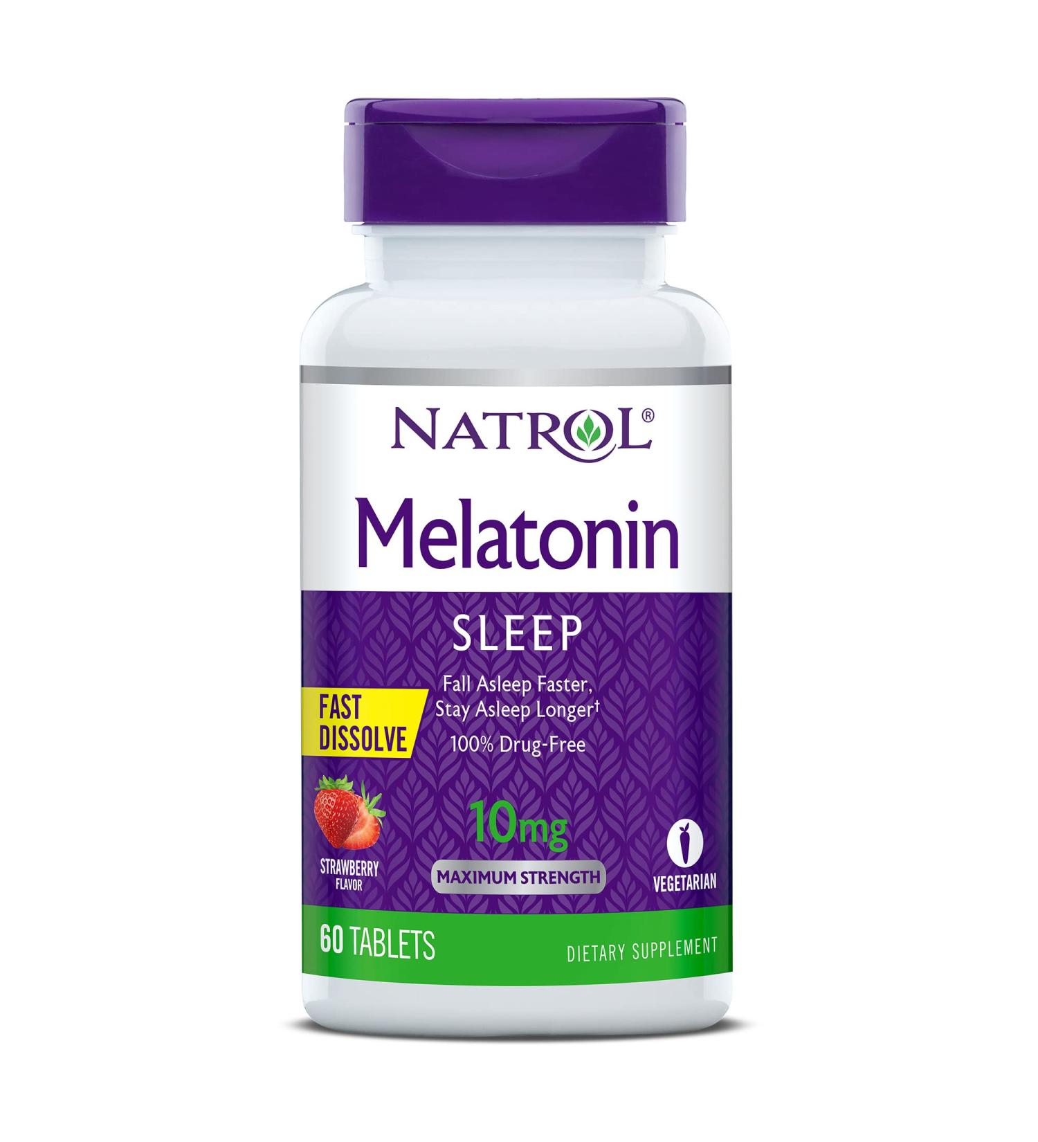 Natrol Melatonin Fast Dissolve Tablets 10mg 60 Count - Fall Asleep Faster, Stay Asleep Longer, Strengthen Immune System | Strawberry Flavor, Maximum Strength - Easy to Take - Buy Online on GoSupps.com
