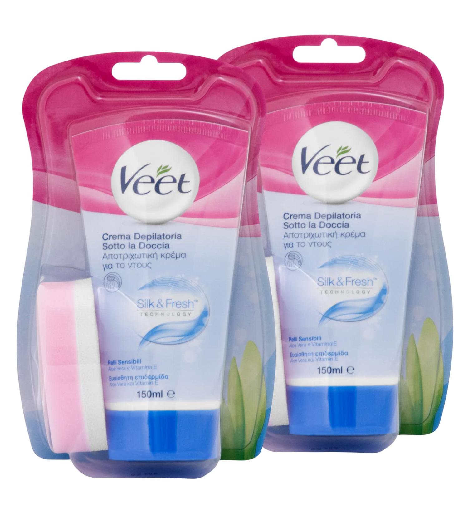 2 x VEET hair removal cream for in the shower Silk & Fresh technology for sensitive skin 2 bottles of 150 ml each 2 x in the shower for sensitive skin