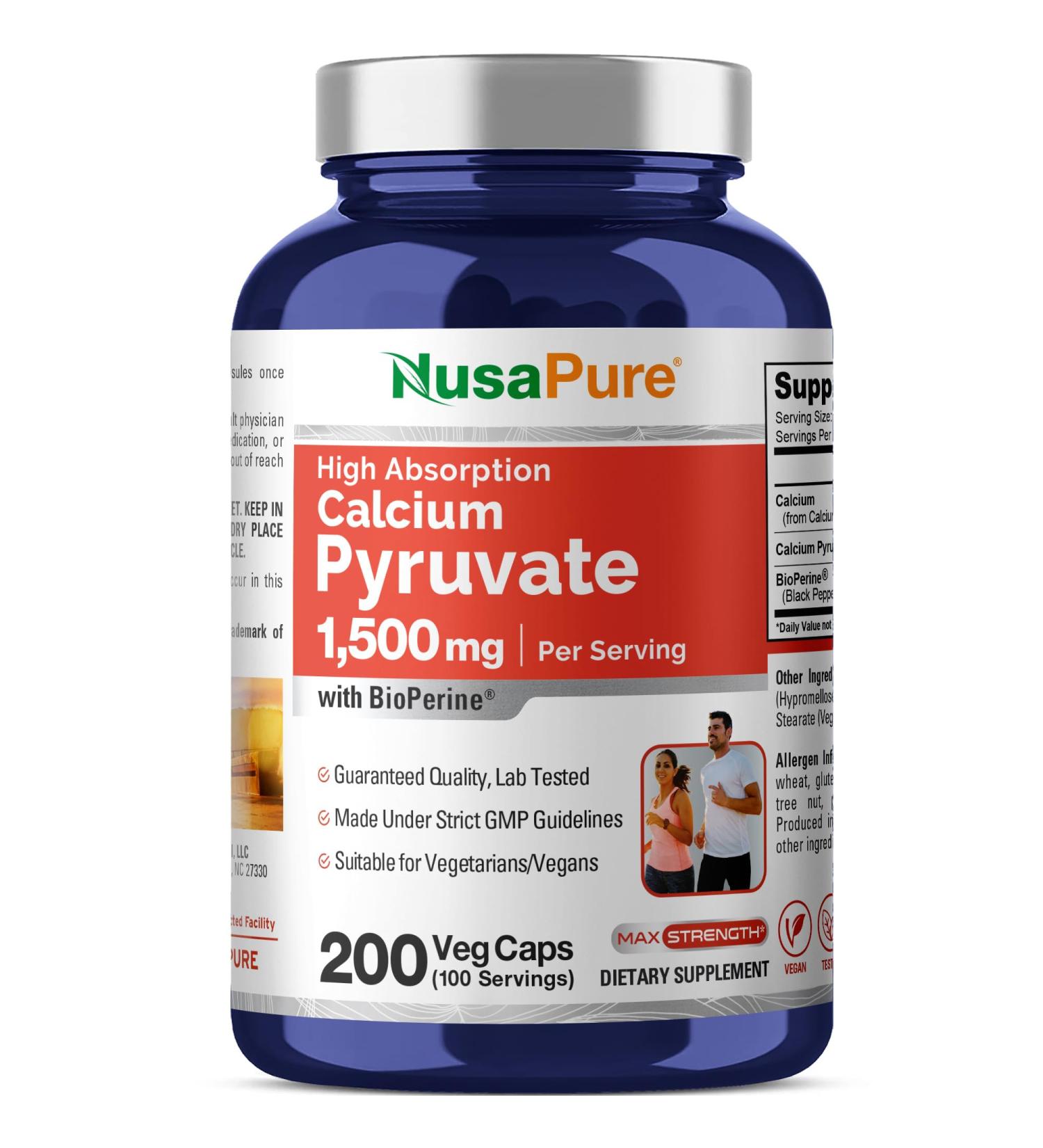 NusaPure Calcium Pyruvate - Suitable for Vegetarian/Vegan Non - GMO - 1500 mg - 200 Capsules - Buy Online on GoSupps.com