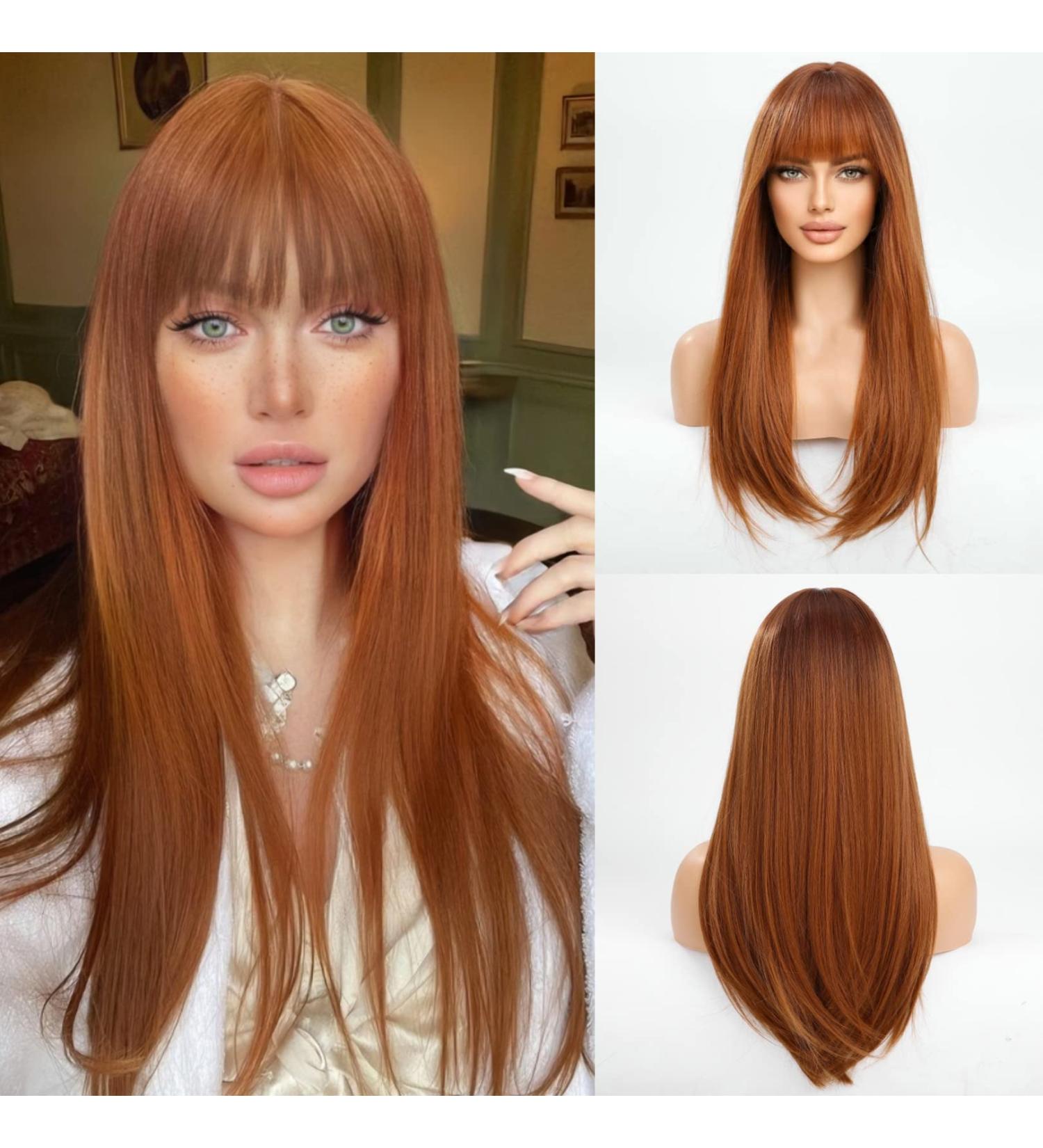 HAIRCUBE Long Auburn Synthetic Hair Wig for Women with Wispy Bangs - Straight Style - Buy Online on GoSupps.com