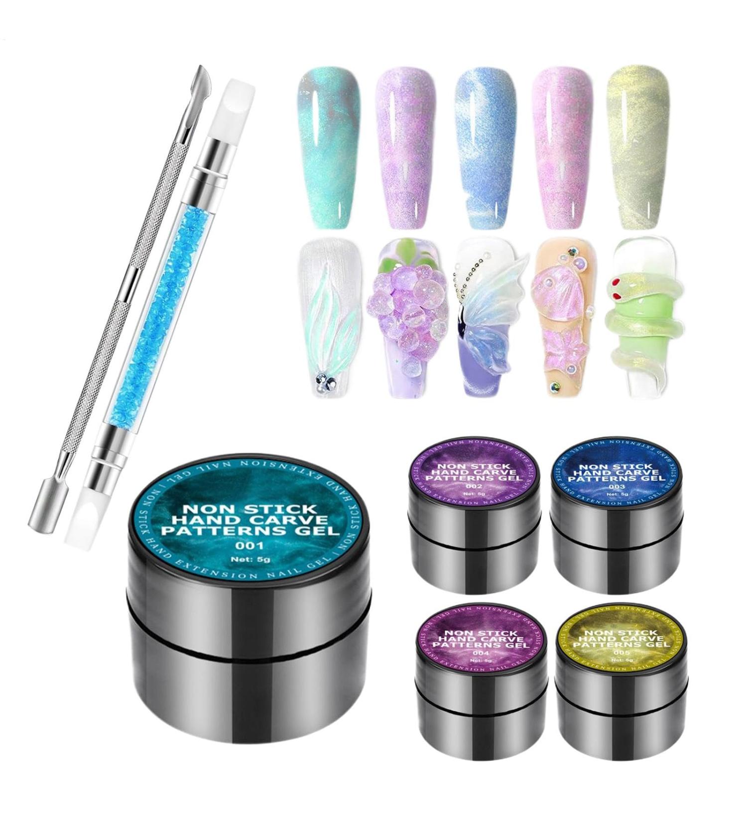 Nail Carving Gel 3D Nail Gel | 5 Colors Builder Nail Designs Solid Carving Gel | Non-stick Manicure Set with Carving Pen Soak UV/LED - Buy Online on GoSupps.com