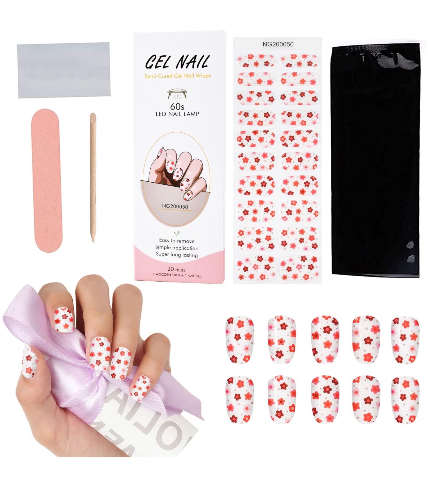 Semi Cured Gel Nail Strips - 20PCS Adhesive Full Wrap Stickers with Nail File - Waterproof Sets for Yourself, Sisters, Mothers (Flower) - Buy Online on GoSupps.com