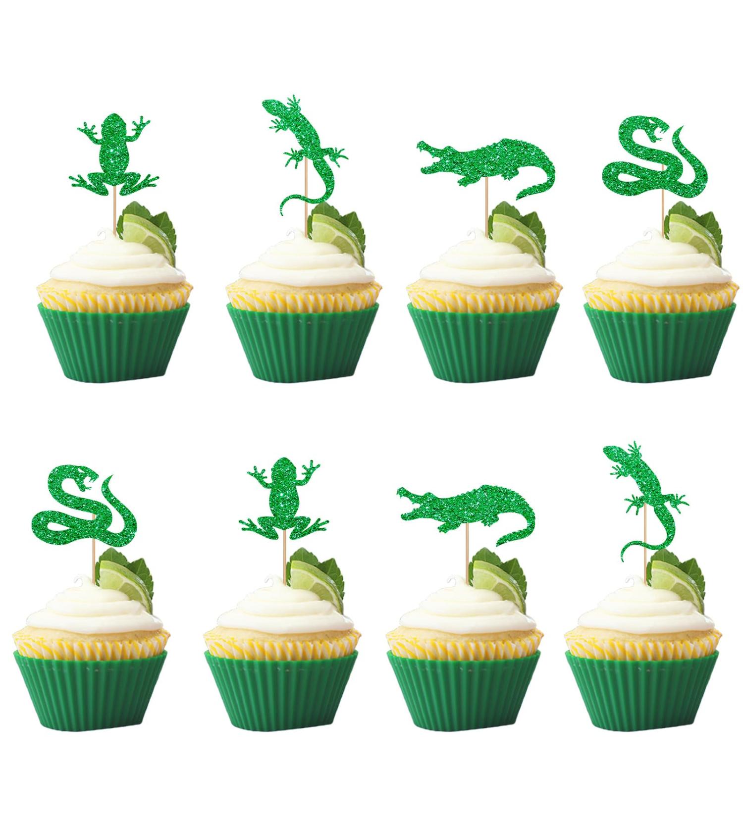 24Pcs Reptile Animal Cupcake Toppers Snake Gecko Frog Crocodile Cupcake Decor Green Glitter Reptile Animal Cupcake Toppers for Baby Shower Reptile Pet Themed Birthday Party Decoration - Buy Online on GoSupps.com