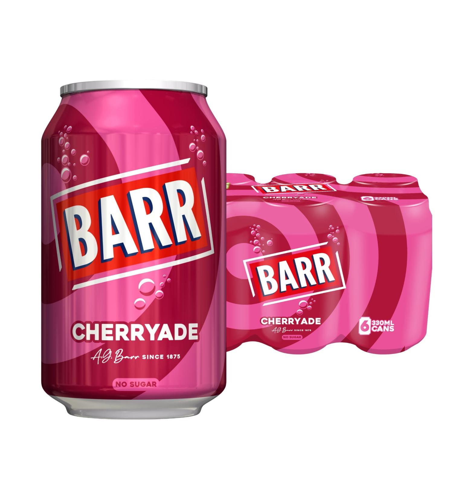 BARR since 1875 Cherryade No Sugar Flavoured Fizzy Drink "Fizzingly Fun" - 6 x 330ml Cans Cherryade - No Sugar 330ml | 6 Cans