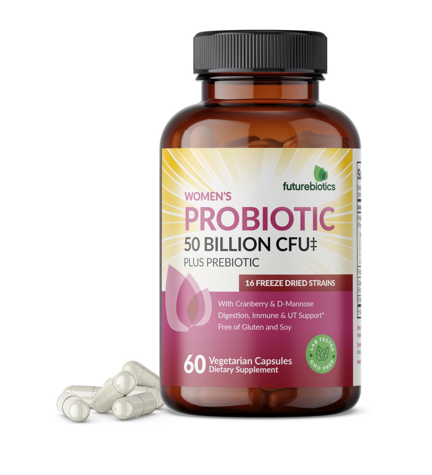 Futurebiotics Women's Probiotic 50 Billion CFU + Prebiotic with Cranberry & D-Mannose Digestion Immune and Urinary Tract Support Non-GMO 60 Vegetarian Capsules - Buy Online on GoSupps.com
