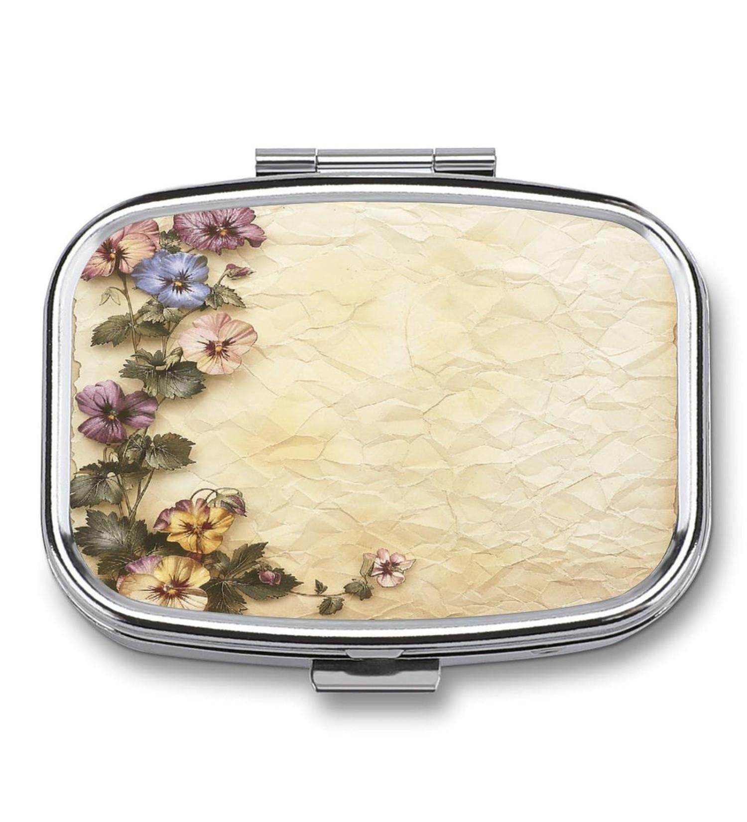 Buy Violet Floral Print Pill Box - 2 Compartment Portable Medicine Organizer for Pocket & Purse - Decorative Metal Pill Case - Buy Online on GoSupps.com