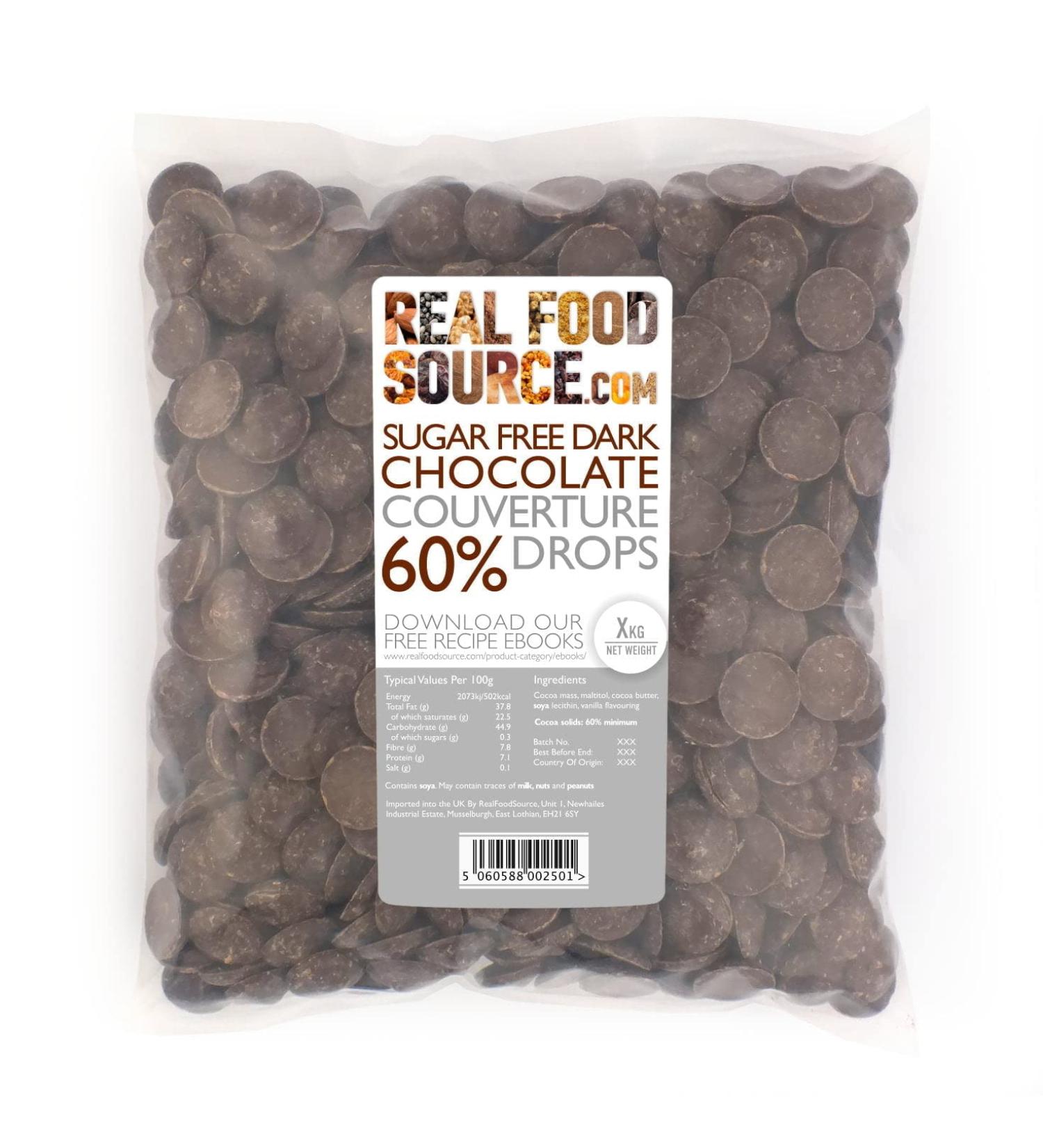 RealFoodSource Sugar Free 60% Dark Chocolate Couverture Drops 2kg