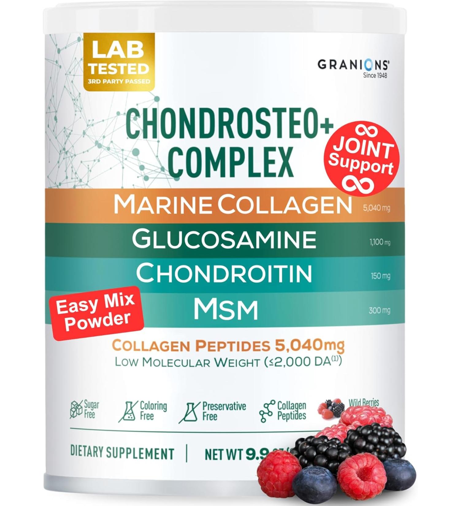 Granions Glucosamine Chondroitin MSM Powder Joint Supplements for Men and Women Chondrosteo Hydrolyzed Marine Collagen Peptides Essential Vitamins Minerals Nutritional Complex - Berry - 10 Oz - Buy Online on GoSupps.com