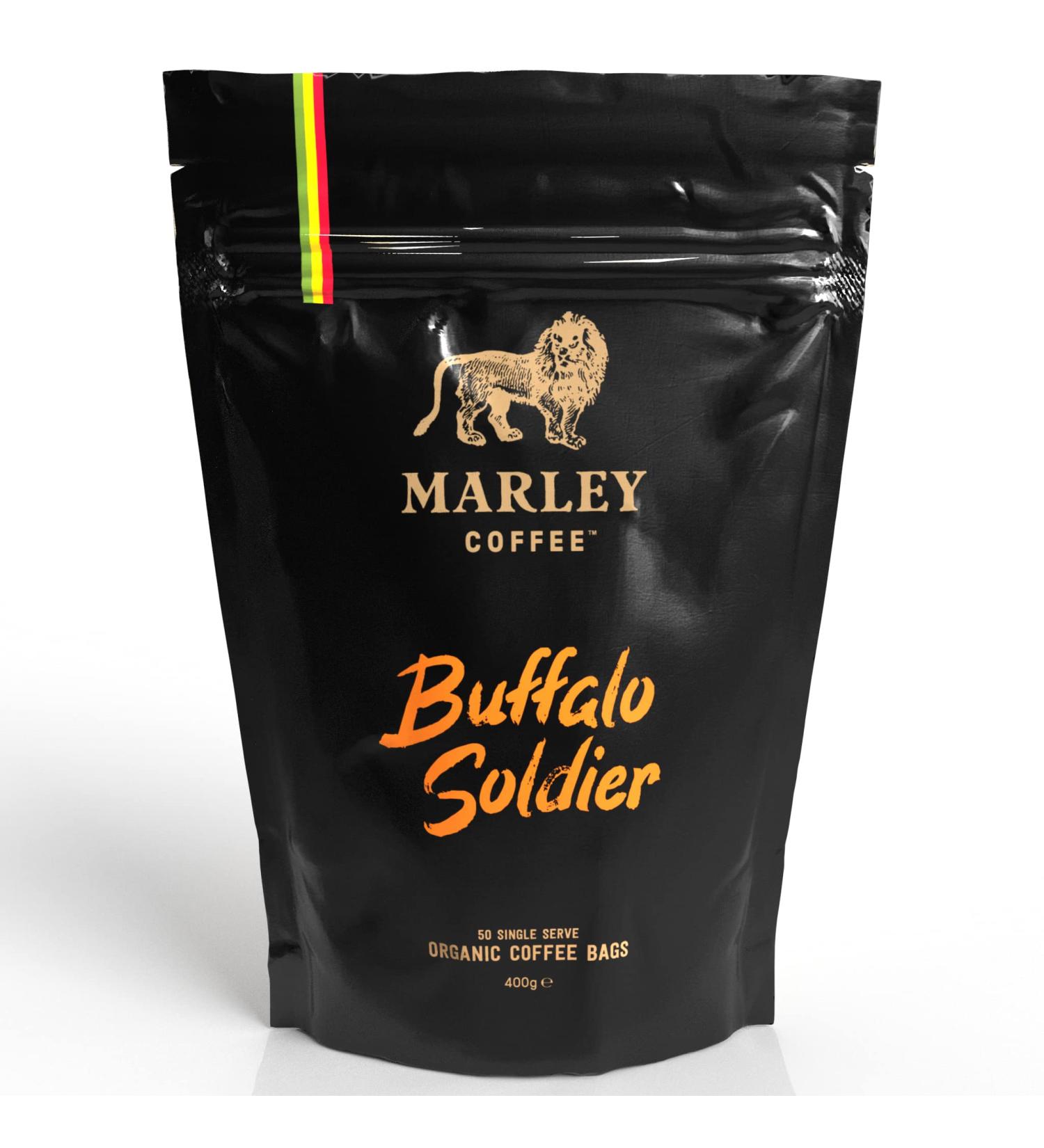 Coffee Bags - 50 x Dark Roast Organic Ground Coffee Bags - Buffalo Soldier Blend - Marley Coffee - From The Marley Family - Dark Roast - Strength 5 - Buy Online on GoSupps.com