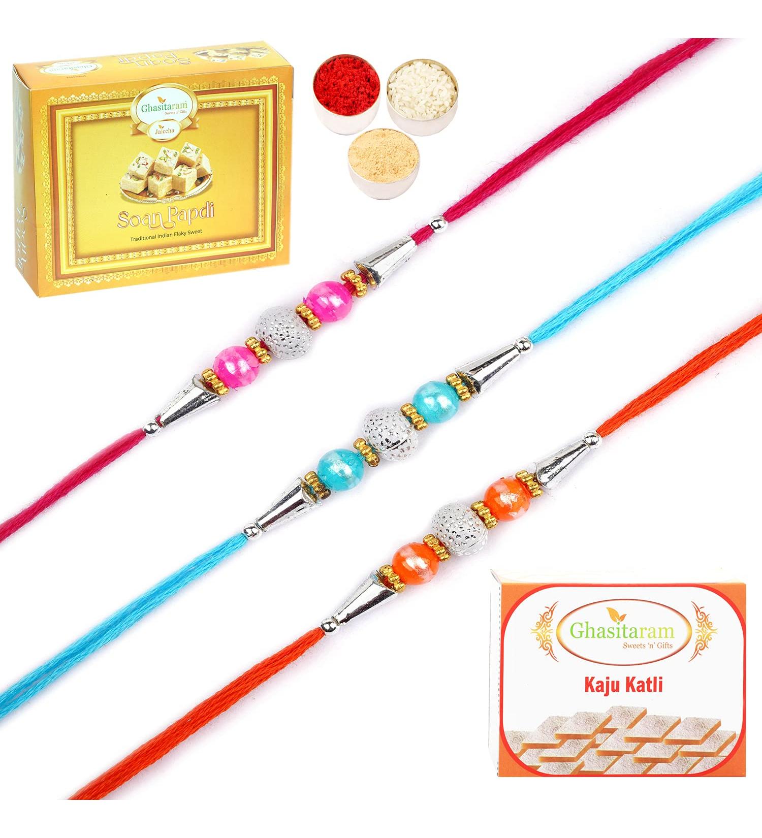 Ghasitaram Gifts Rakhi for Brother Rakhis Online - Set of 3-6194 Rakhis with 200 GMS of Kaju katli and 200 GMS of Soan Papdi - Buy Online on GoSupps.com