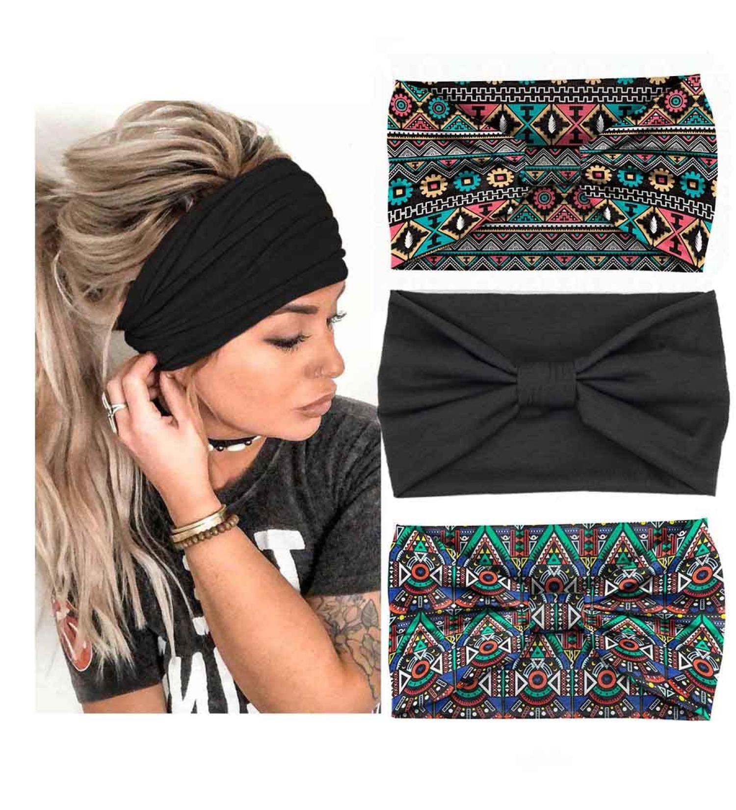 Generse Boho Elastic Wide Hair Bands - Knotted Yoga Turban Headscarves for Women & Girls (3 Pieces - Black) | Stylish & Comfortable - Buy Online on GoSupps.com