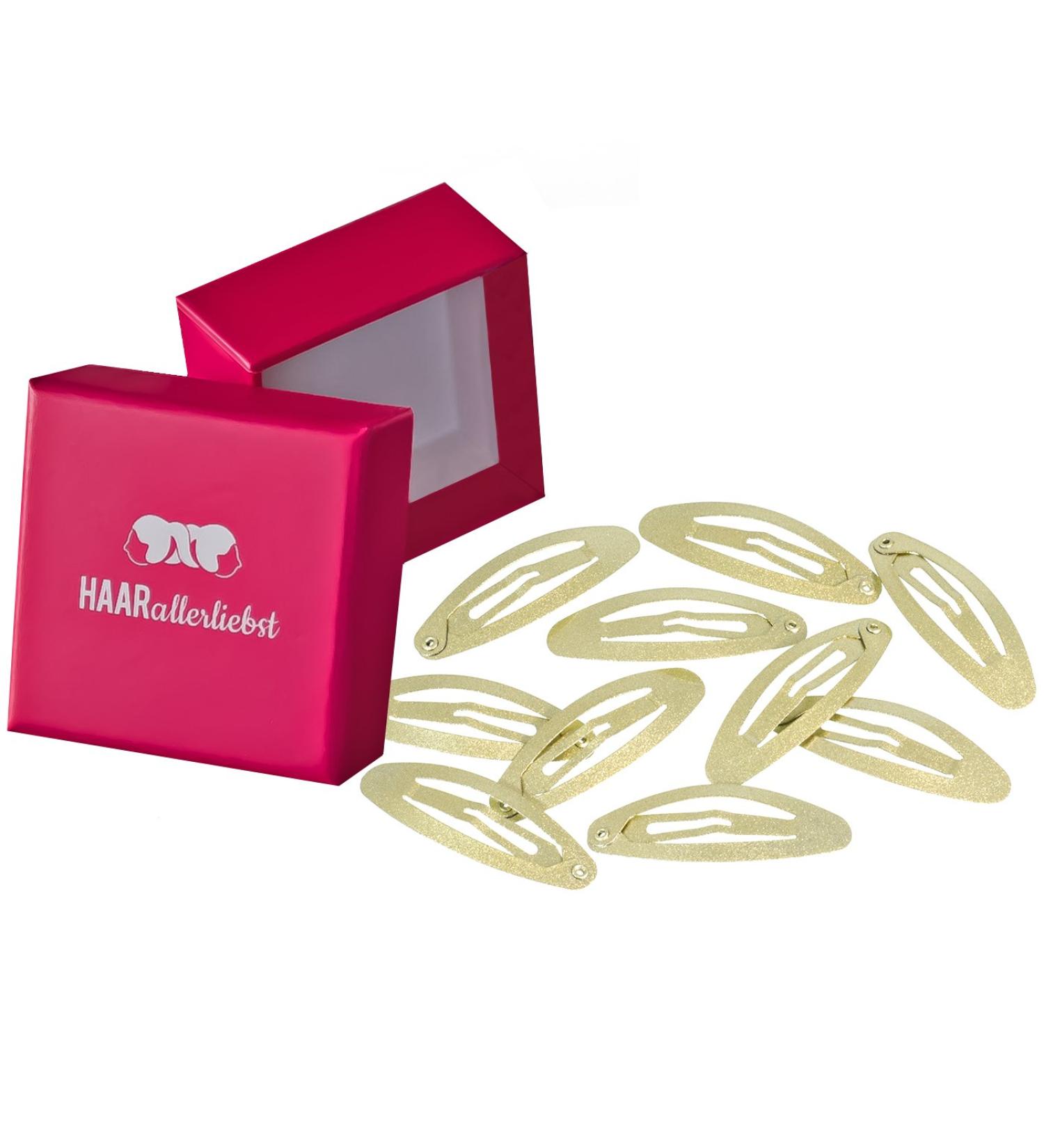 HAARallerliebst hair clips oval (10 pieces | shimmering gold | approx. 5 cm) including box for storage (box color: pink)