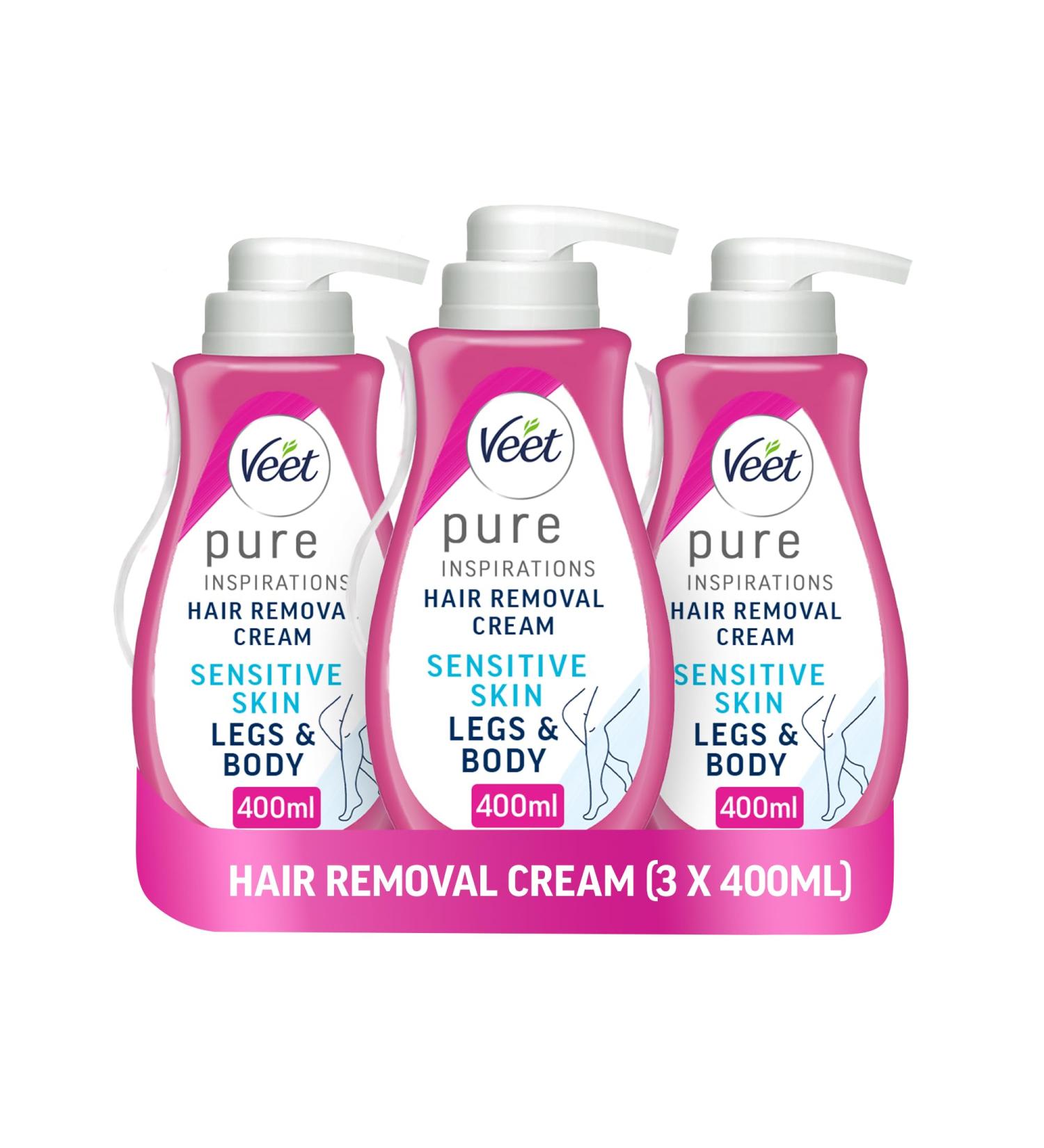 Veet Pure Hair Removal Cream 400ml each (Pack of 3) Legs & Body Sensitive Skin 1 Spatula Long Lasting Smoothness Hydrates & Exfoliates Skin Least Number of Ingredients (Packaging may vary) 400 ml (Pack of 3) - Buy Online on GoSupps.com