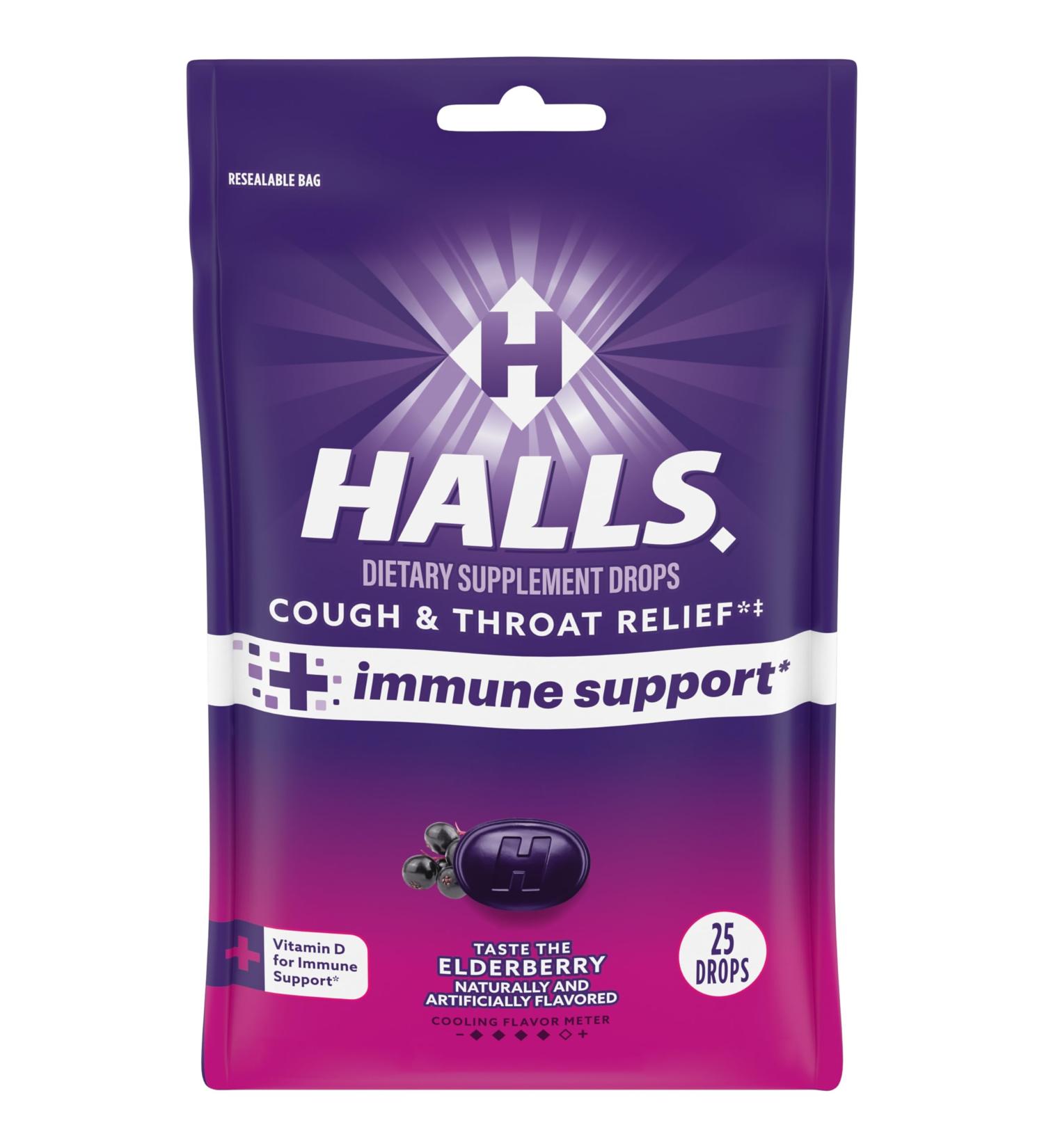HALLS Cough and Throat Relief + Immune Support Elderberry Flavor Cough Drops 25 Drops - Buy Online on GoSupps.com