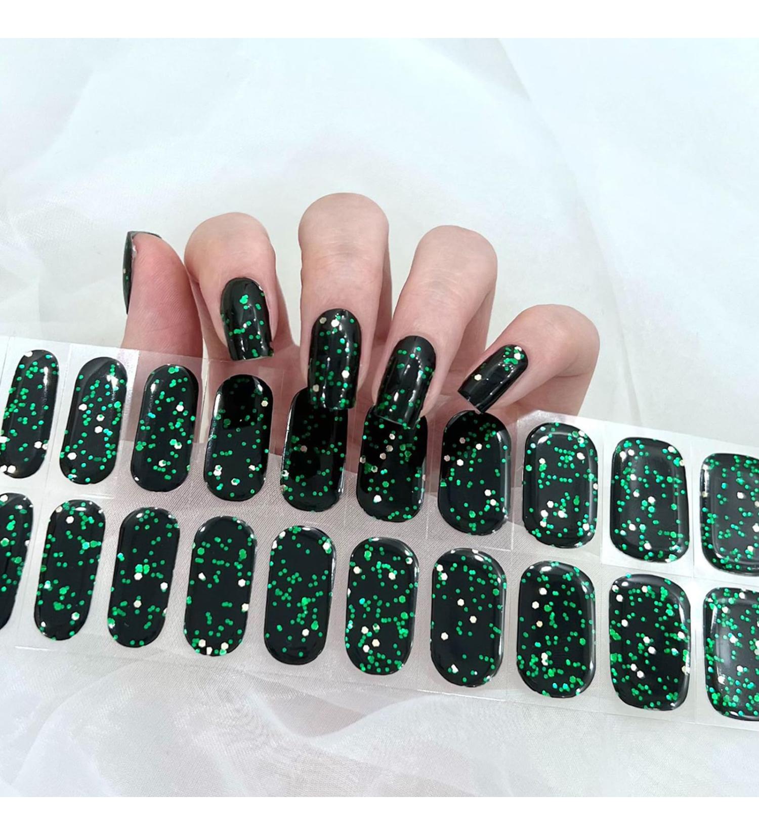 Ceboic 22-Piece Half-Hardened UV Gel Nail Stickers - Black & Green Sequin Full Wraps Self-Adhesive Salon Quality for Women & Girls - Buy Online on GoSupps.com