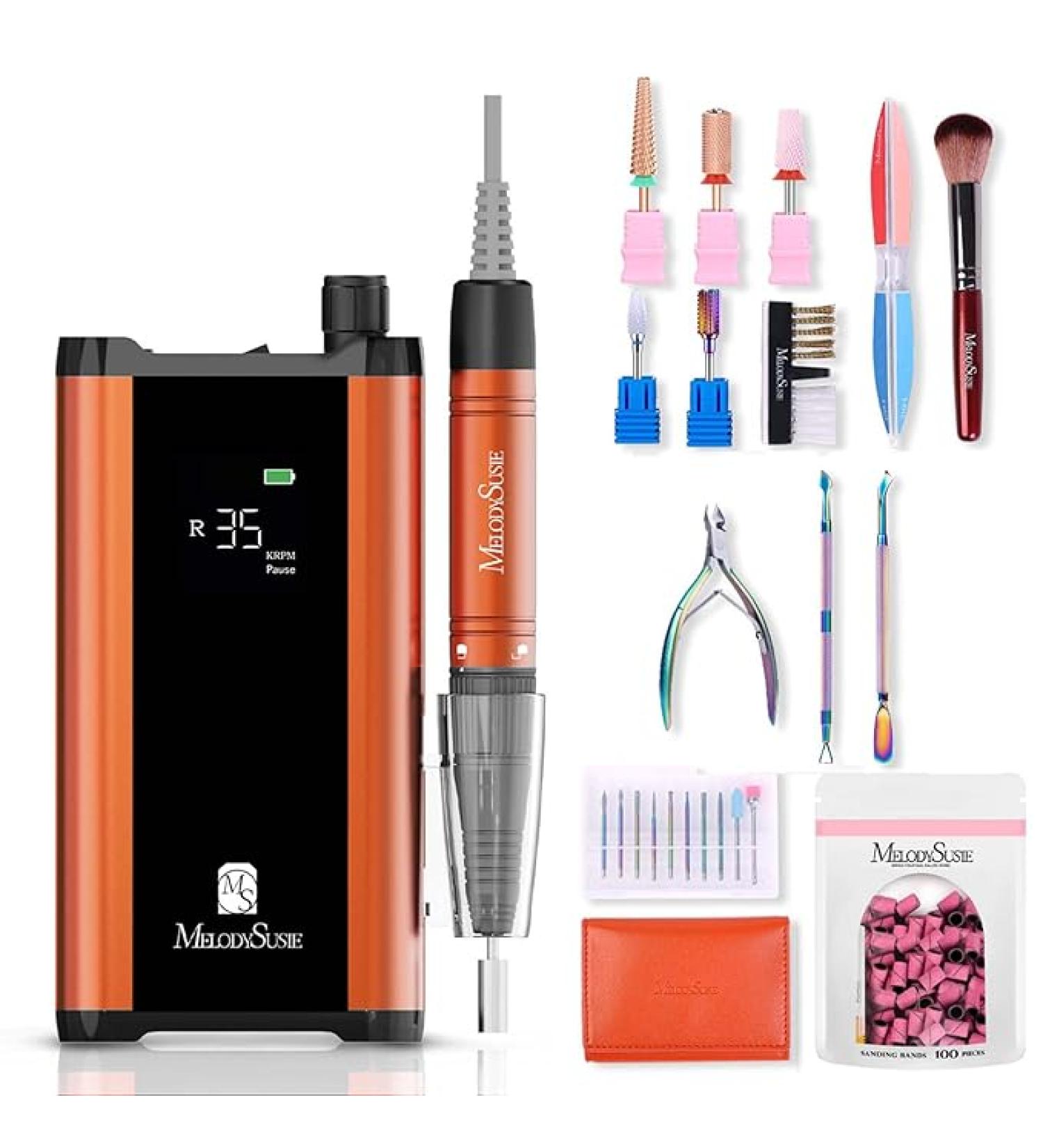 MelodySusie Cordless Nail Drill 35000 RPM - Portable Rechargeable Machine for Acrylic Nails & Poly Gel - Low Noise, Vibration & Heat - Orange Set - Buy Online on GoSupps.com