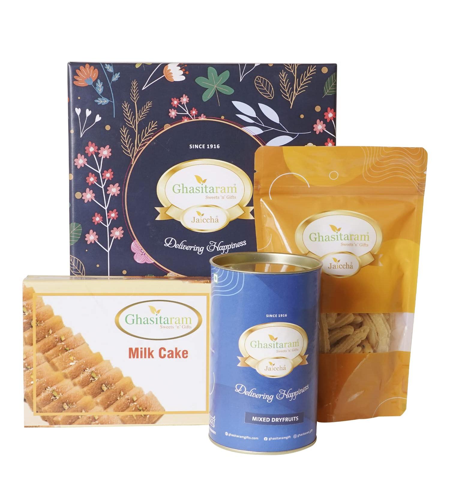 Ghasitaram Gifts Jaiccha Ghasitaram Hamper Box Small with Milk Cake |Diwali Gifts Holi Rakhi Valentine Christmas Birthday Anniversary Gift for Her Him Mothers Day Fathers Day| - Buy Online on GoSupps.com